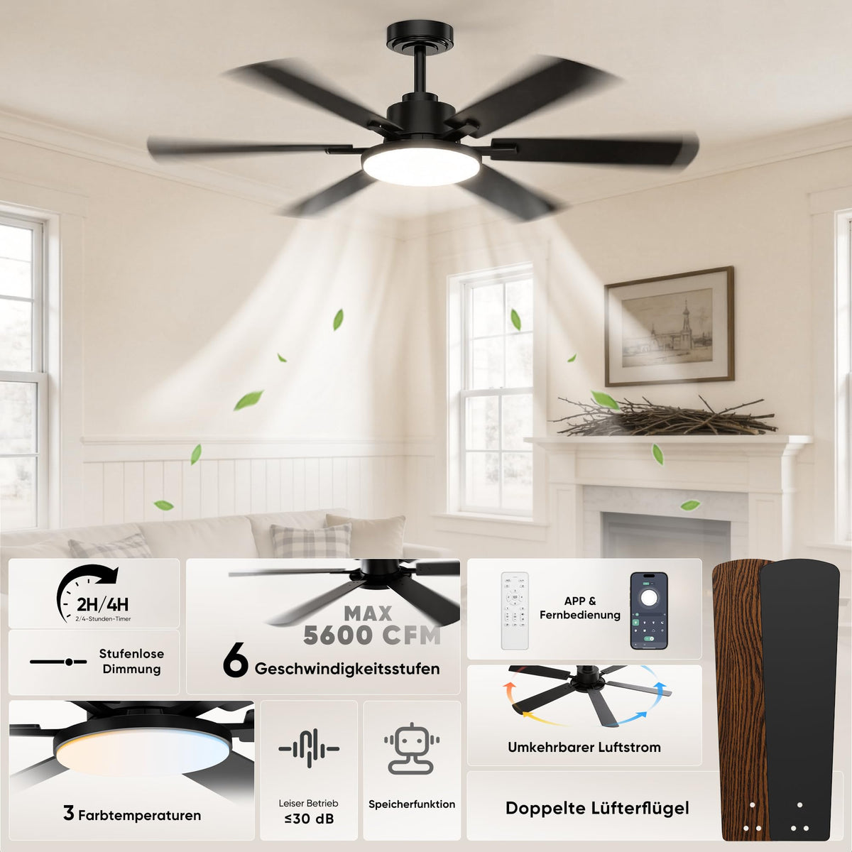 ROTTOGOON Ceiling Fan with Lighting 132cm, Double-Sided Blades - NJ004