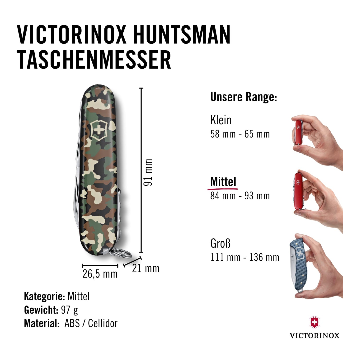 Victorinox Swiss Army Knife Huntsman, Multitool, Swiss Army Knife with 15 functions, blade, corkscrew, can opener, folding box, camouflage - 1.3713.94