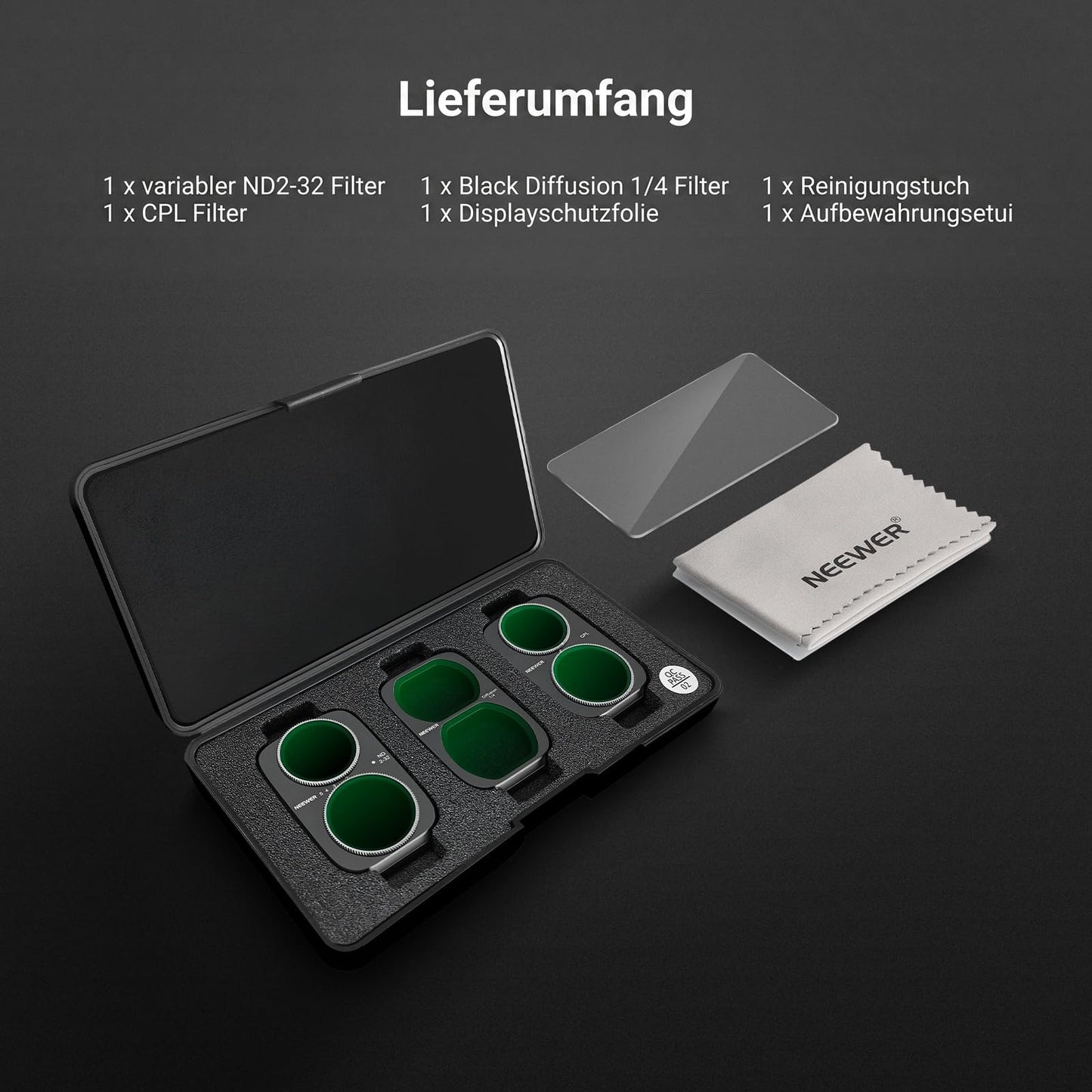NEEWER ND Filter Set compatible with DJI Osmo Pocket 4P only, Variable Neutral Density Filter (ND2-32) + CPL + 1/4 Black Diffusion Gimbal Action Cam Lens Filter Screen Protector Photography Accessories Kit - FL-P23