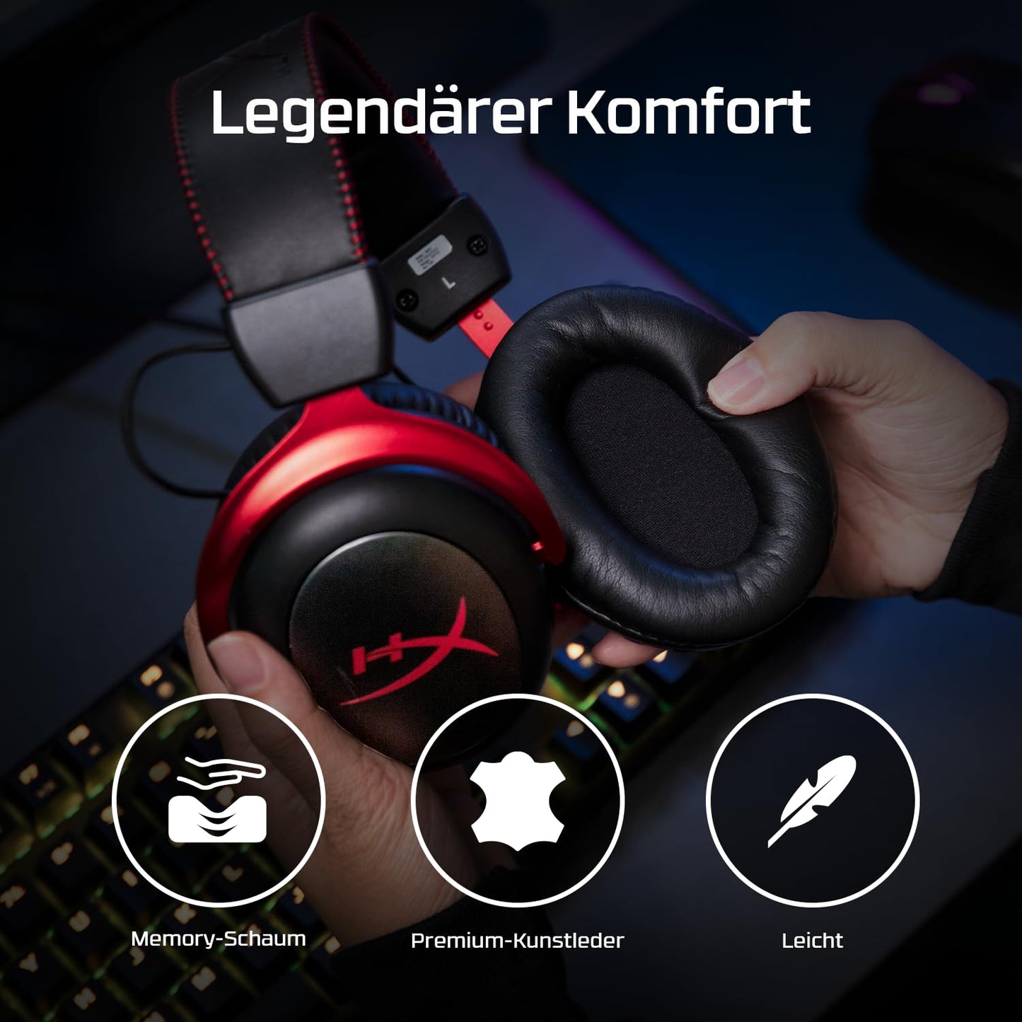 HyperX Cloud II Wireless Gaming Headset, 2.4GHz, 30h Battery, 20m Range, DTS Headphone Spatial Audio, 53mm Driver, HyperX Comfort, Detachable Microphone, Black-Red - HHSC2X-BA-RD/G