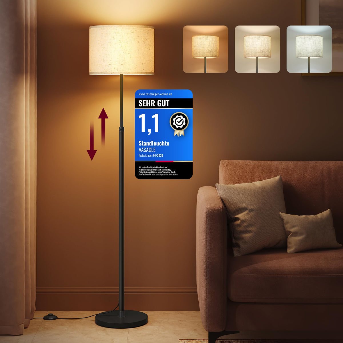 VASAGLE lampă de podea pentru living, lampă de citit ajustabilă în înălțime 140-170 cm - LFL002BH02