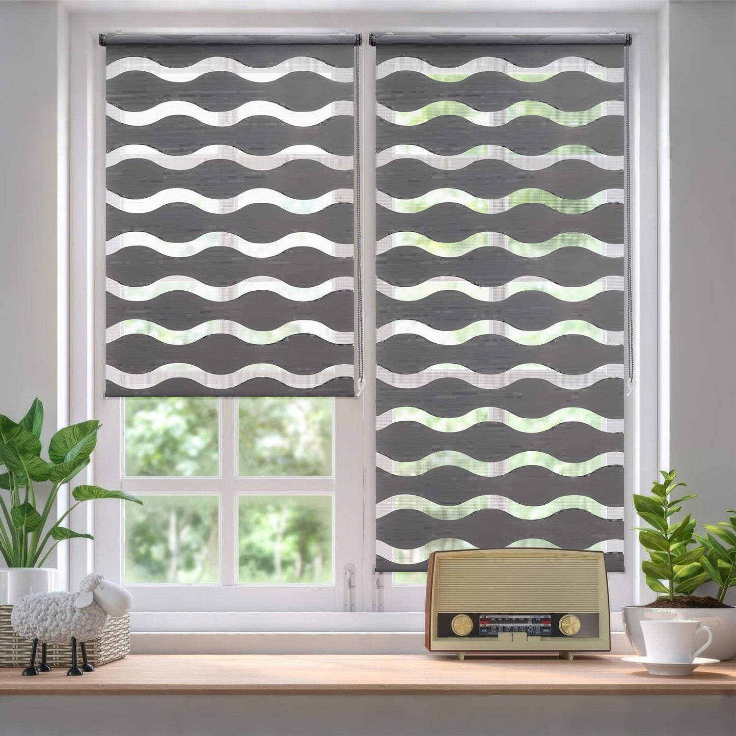 Sekey double roller blind waves Klemmfix without drilling for windows, double roller blind 70 cm wide, duo roller blind wave blinds sun protection, 70x210cm, dark gray - BL-2724