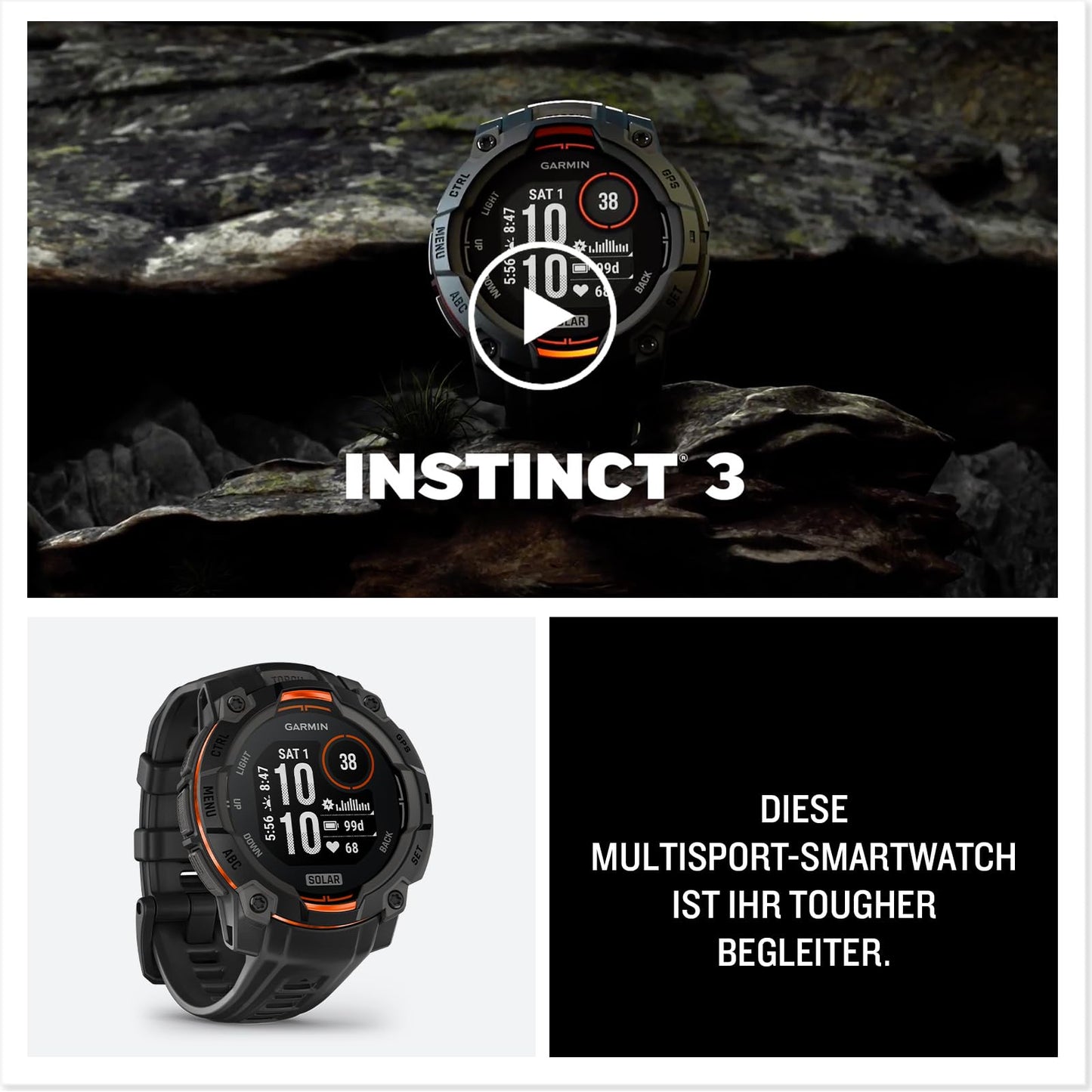Garmin Instinct 3 45mm SOLAR - GPS multisport smartwatch, 0.9" display, up to 28 days battery life, 80+ sports apps, navigation function, smart features, LED flashlight, waterproof - 010-02934-00