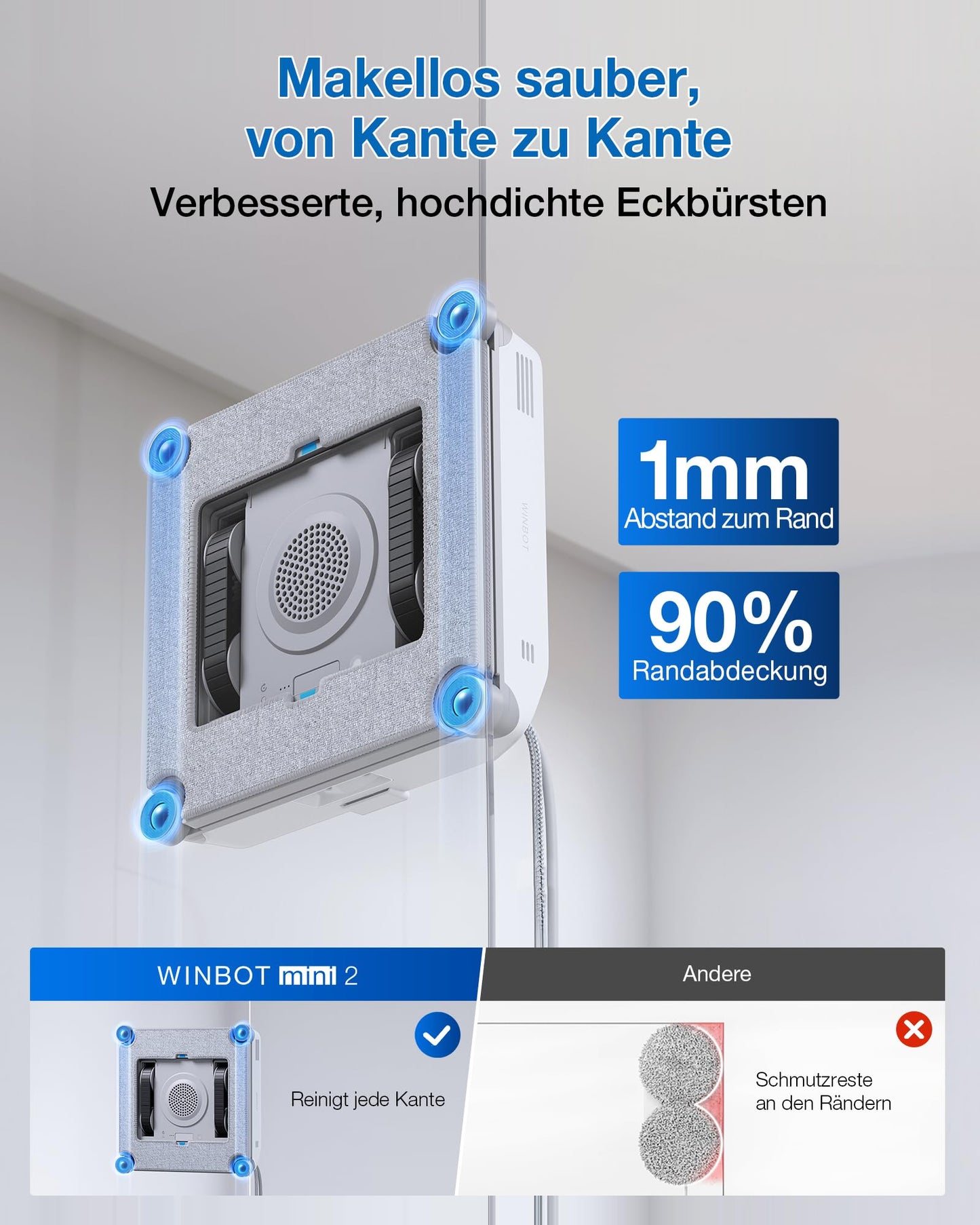 ECOVACS WINBOT Mini 2 window cleaning robot with corner brushes & ultrasonic atomization, ultra slim & light for narrow windows, smart navigation, 6 app modes, 10-level security system