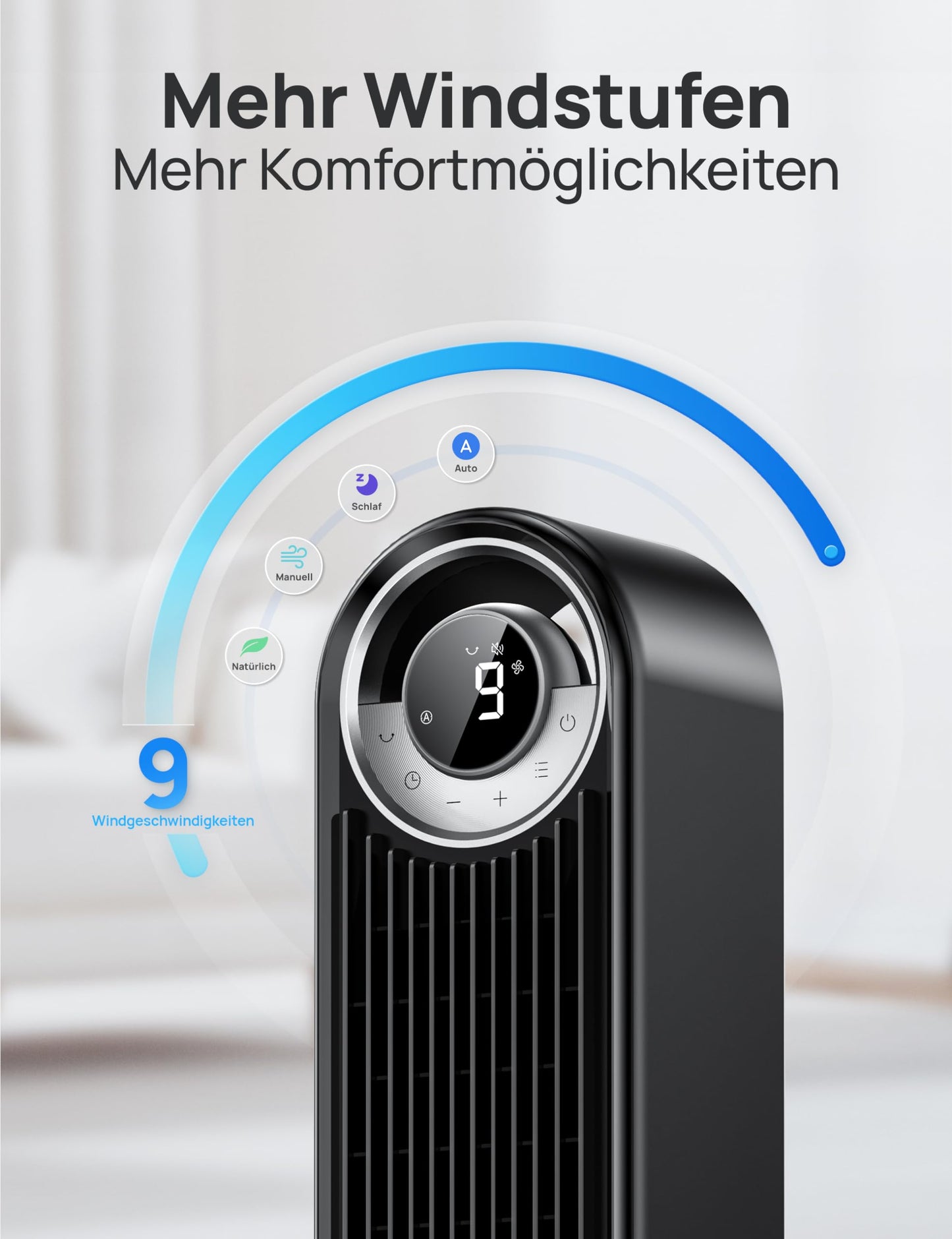 DREO Tower Fan for Bedroom, DC Stand Fan with 9 Speeds, 25 dB Ultra Quiet, 90° Oscillation, up to 8.5 m/s Airflow, 12 Hour Timer, Rotorless Fan for Home & Office - DR-HTF009