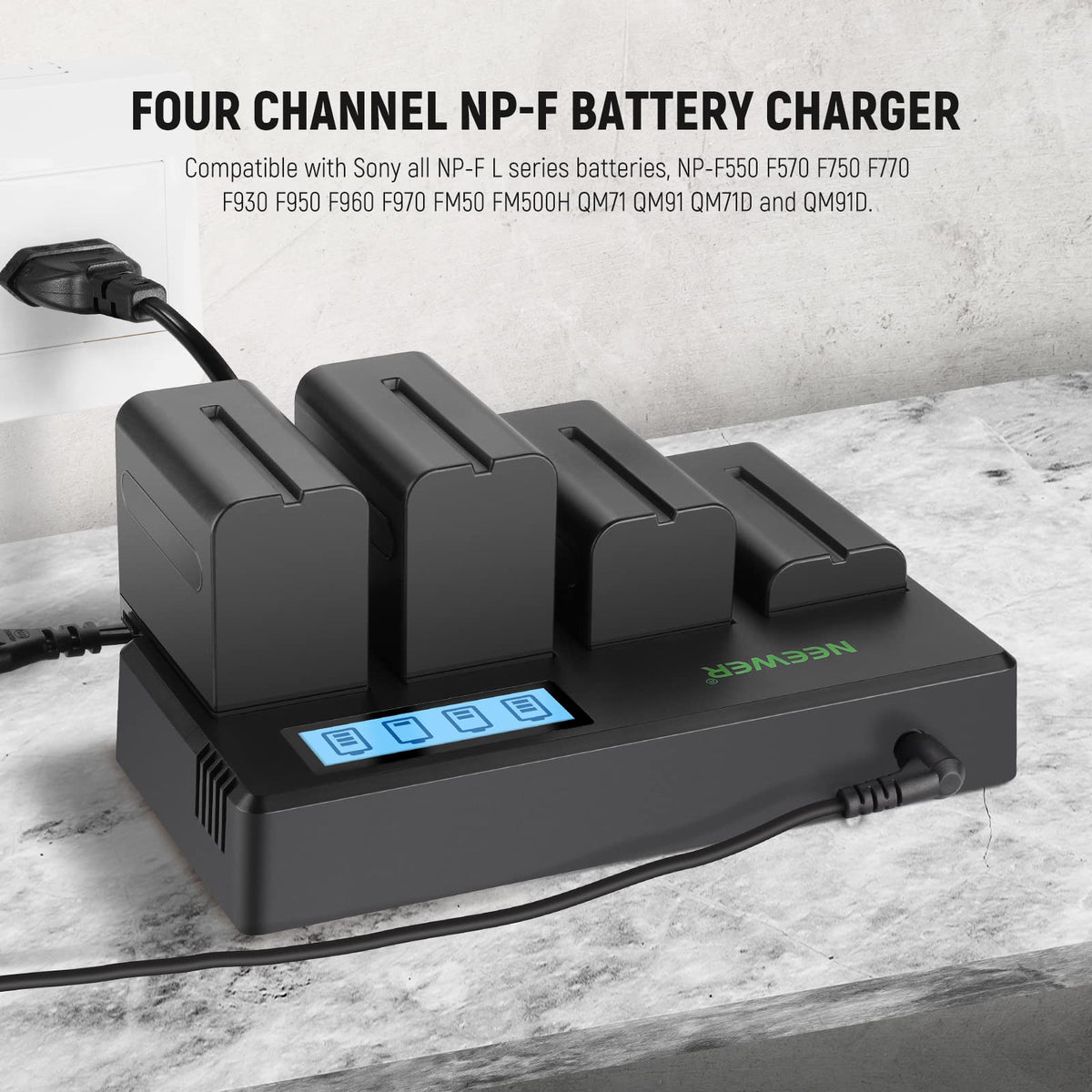 NEEWER 4-Pack NP F750 Replacement Batteries 7.4V 5600mAh with 4-Channel Charger and Power Supply, compatible with NP-F550/750/770/970 FM500H QM71D QM91D, Field Monitor, Video Light - 10101327