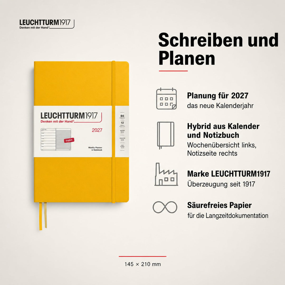 LEUCHTTURM1917 calendar săptămânal 2027 Compoziție (B5) cu caiet, cu linii - planificator de întâlniri engleză, floarea soarelui, copertă cartonată, 178 x 254 mm, ianuarie-decembrie 2027, prezentare săptămânală în stânga + pagina de note în dreapta -