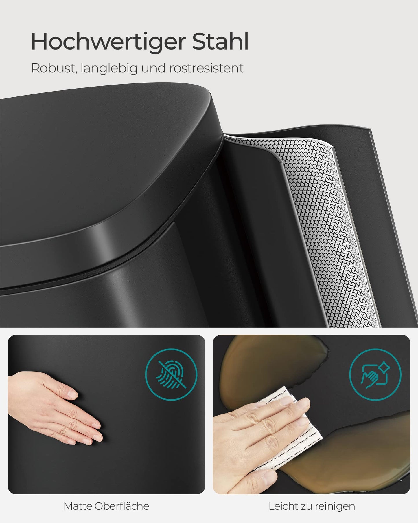 SONGMICS kitchen rubbish bin, 30 liters, waste bin, pedal bin, with lid, soft close, foot pedal, steel, inner bin, black LTB03BK