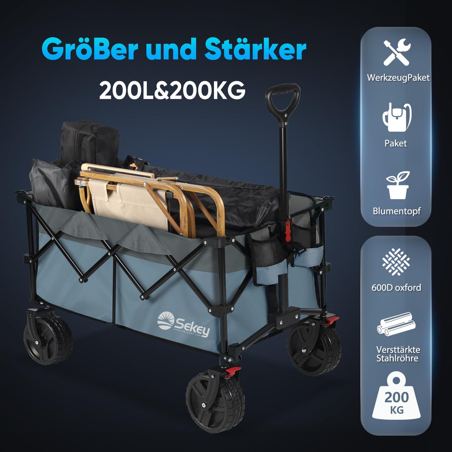 Sekey XXL Plus handcart foldable with brakes 200L 200KG load capacity, extra wide tires all terrain handcart, patented foldable from four directions, - FW39