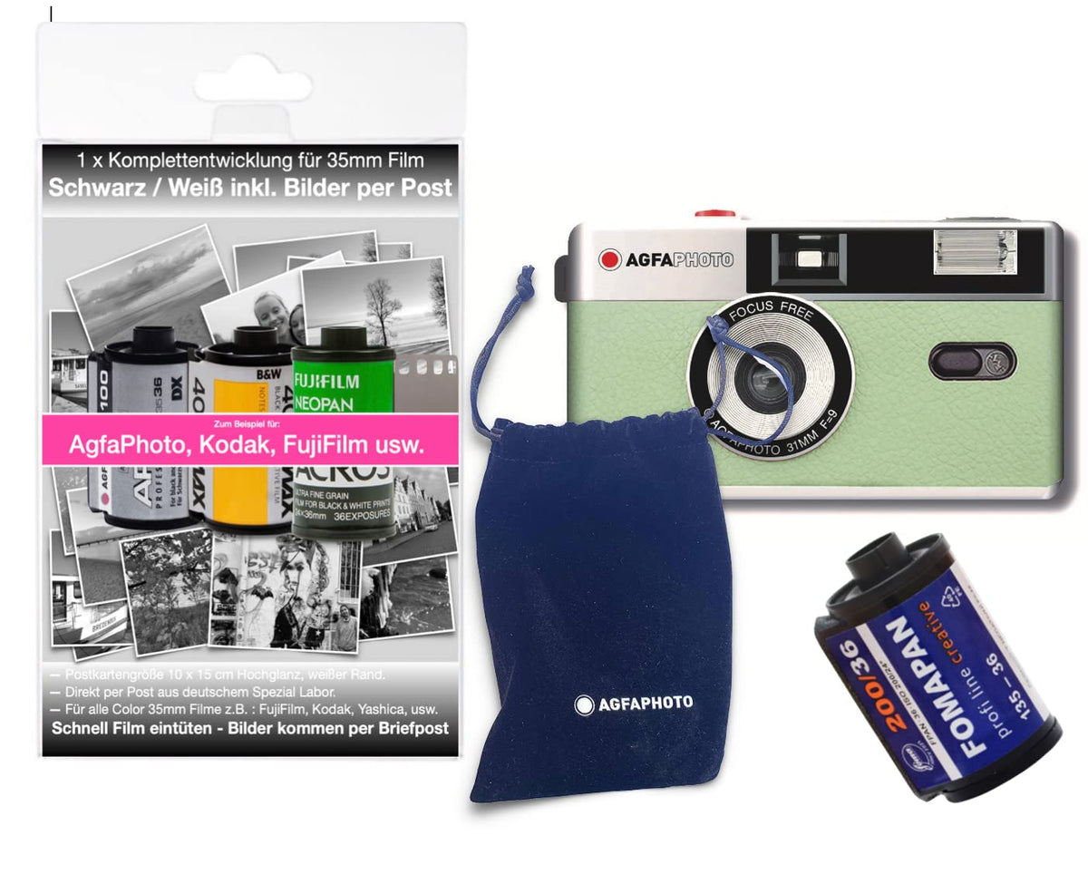 AgfaPhoto analog 35mm photo camera complete set: film + battery + development kit for up to 36 black and white images (by post) - AG603004BE