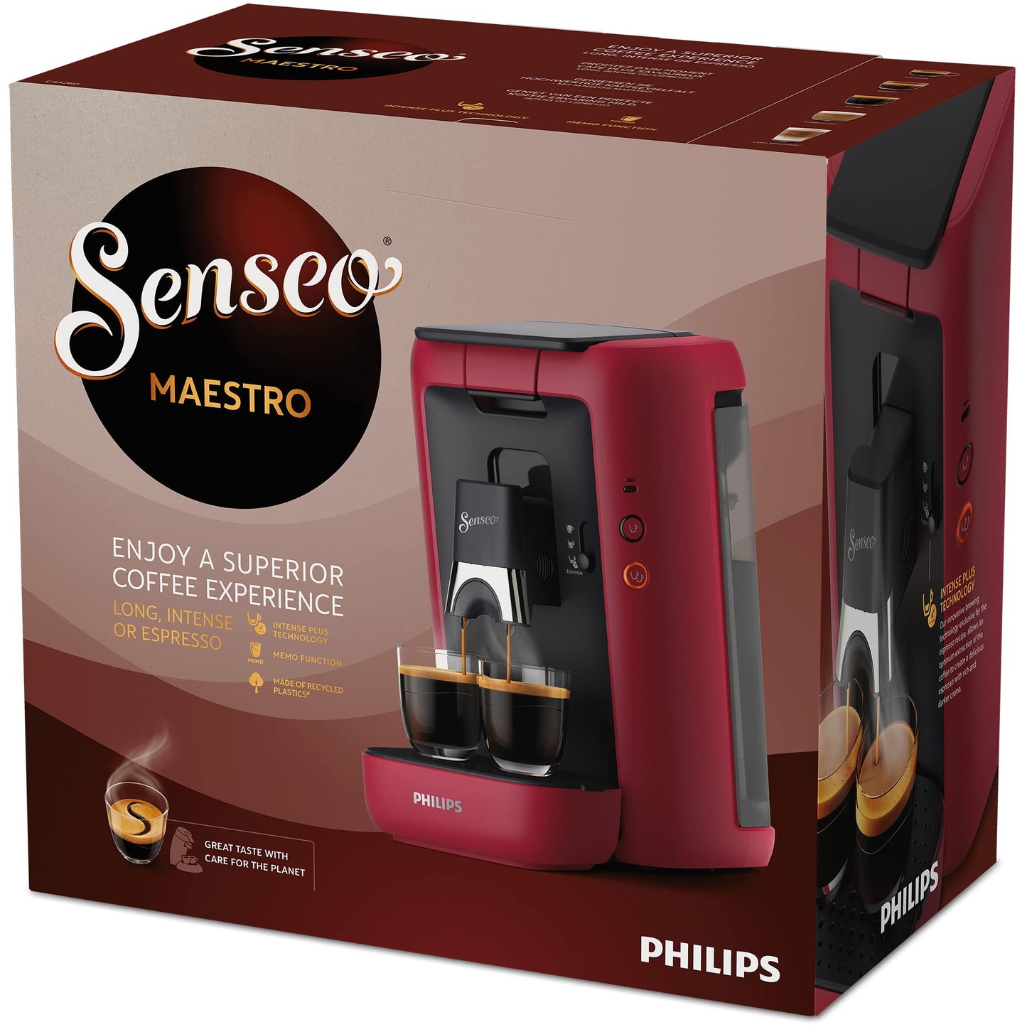 PHILIPS Senseo Maestro coffee pad machine with coffee strength selection and memo function, 1.2 liter water container, green product, color: red (CSA260/90)