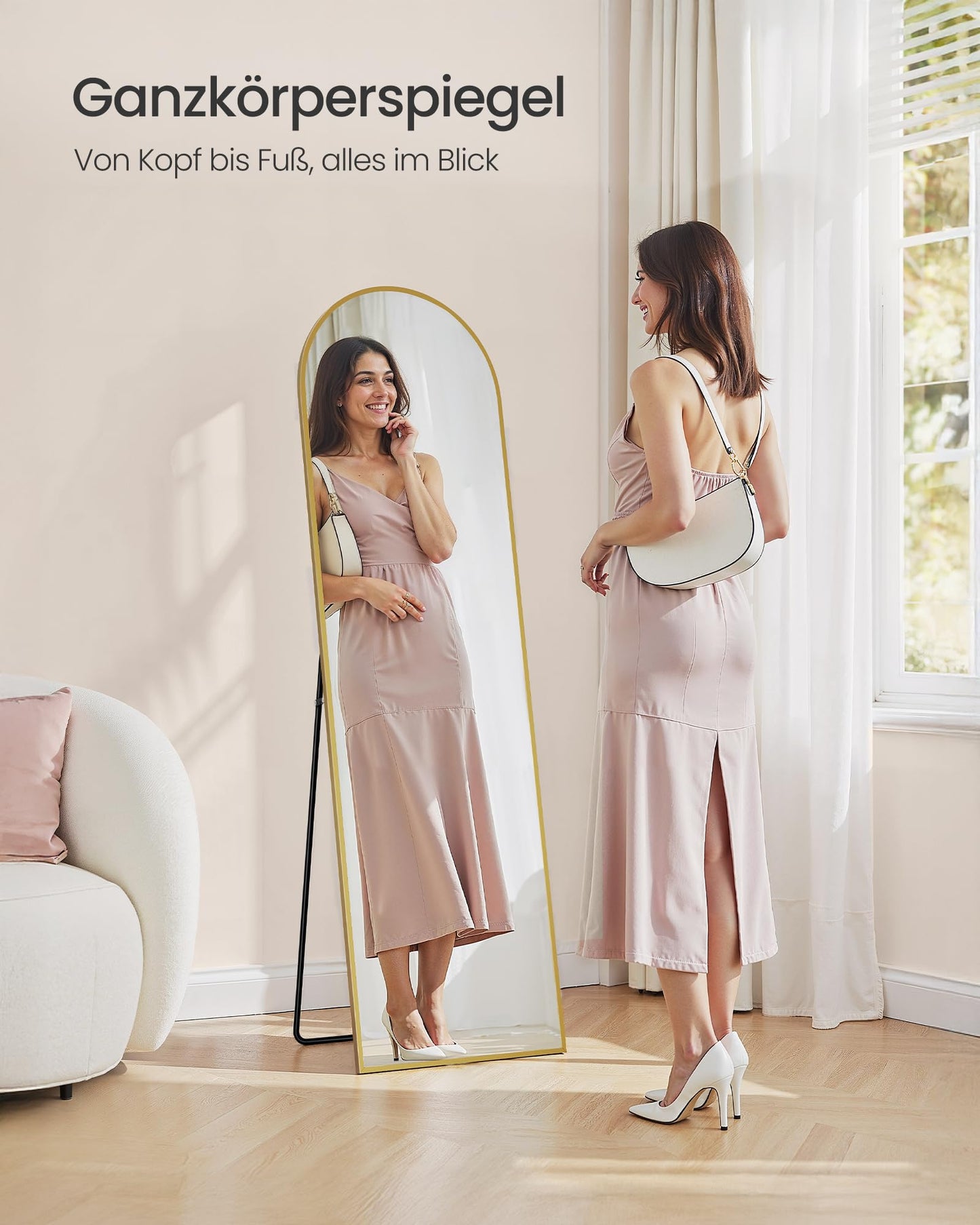 SONGMICS Full Length Mirror 150x40cm Curved Standing Mirror Aluminum Alloy Frame Tempered Glass for Bedroom Living Room Cloakroom Pale Gold LFM035AB01