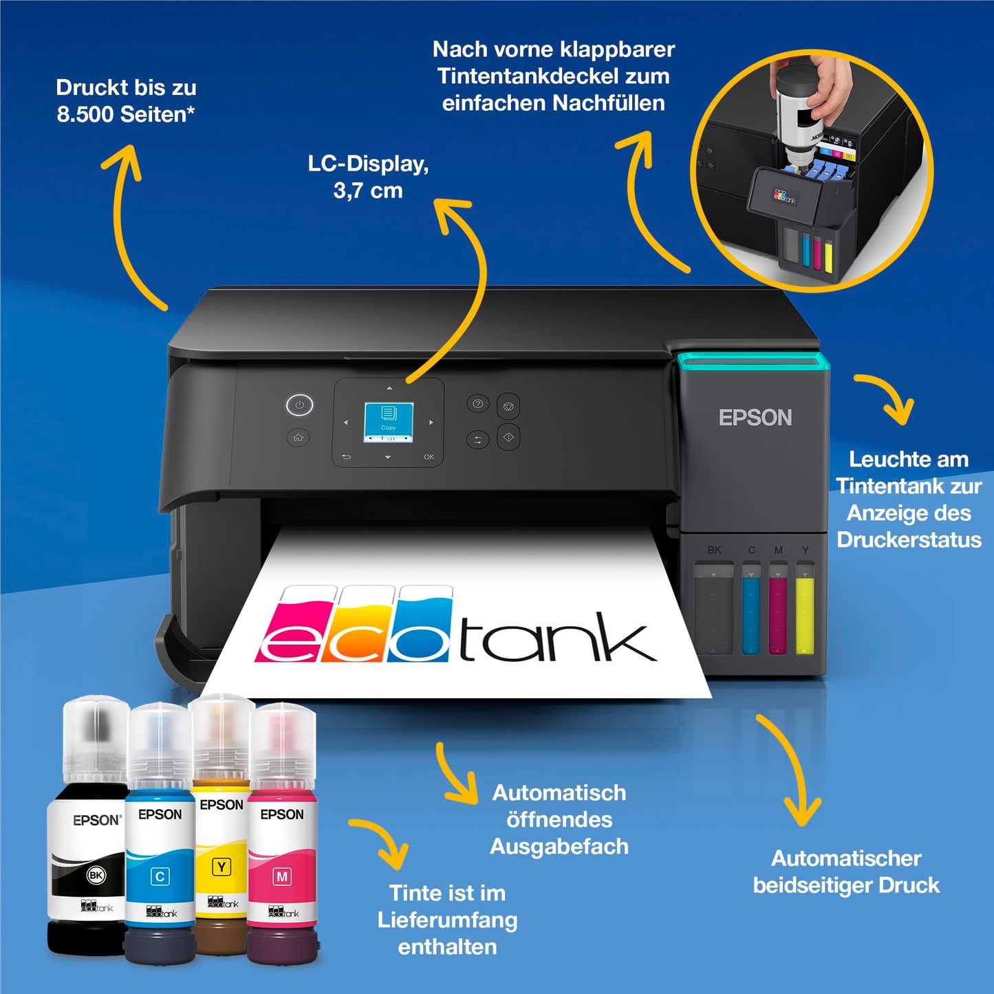 Epson EcoTank ET-2955 ink tank printer | for busy households | WiFi | A4 | Print, Copy, Scan | 3.7 cm LCD display | Duplex printing | Includes ink for up to 3 years