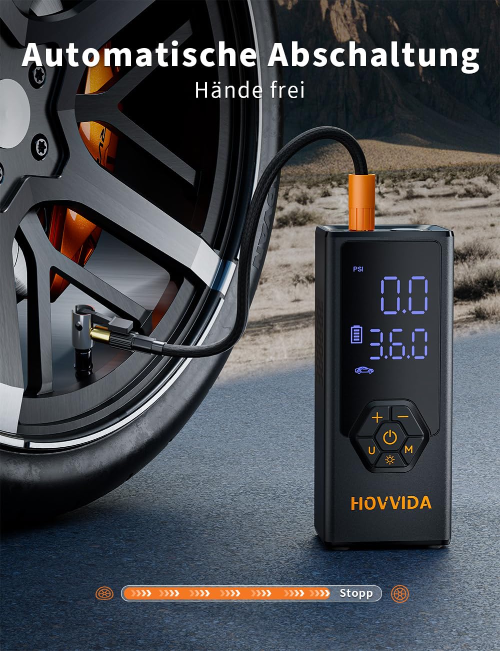 HOVVIDA Electric Air Pump, Portable Battery Bicycle Pump, 7800 mAh Battery, 12V DC, 10.3Bar (150 PSI), 40L/min Air Flow, Quick Inflation, Portable Air Pump for MPV, SUV, Car, Motorcycle, Bicycle, Ball - AM41J3
