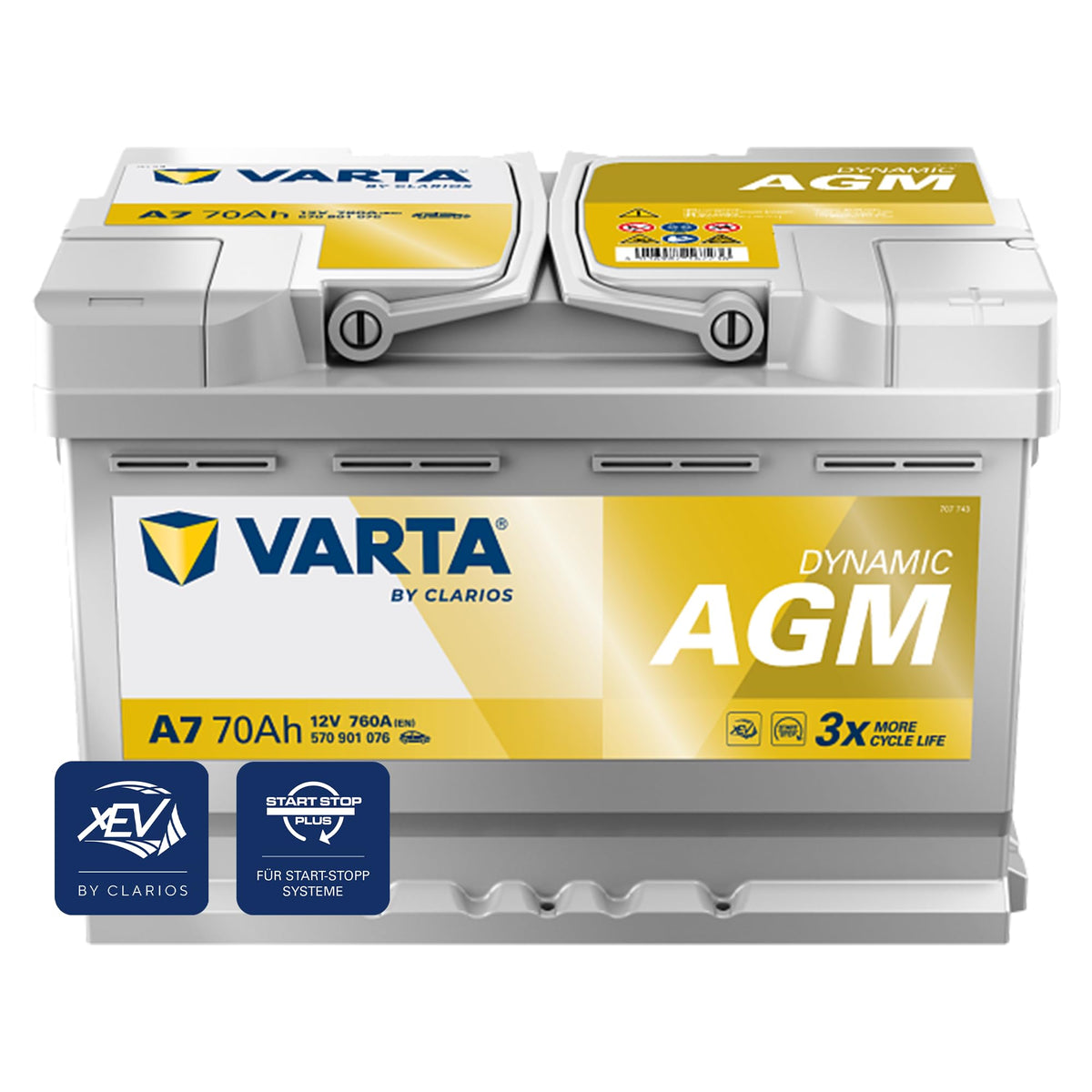 VARTA Automotive DYNAMIC AGM (A7) 12V 70Ah 760A - baterie umedă pentru sisteme Start-Stop și xEV - baterie de pornire pentru mașini cu un consum mai mare de energie - baterie cu plumb-acid fără întreținere - 570