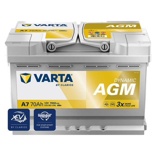 VARTA Automotive DYNAMIC AGM (A7) 12V 70Ah 760A - baterie umedă pentru sisteme Start-Stop și xEV - baterie de pornire pentru mașini cu un consum mai mare de energie - baterie cu plumb-acid fără întreținere - 570