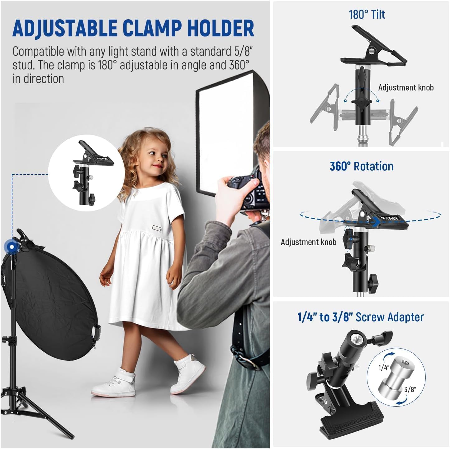 NEEWER 22"/56cm 5 in 1 light reflector with clamp & handles, polyester multi-disc photo diffuser, translucent/silver/gold/white/black, with 3/8" thread for studio & outdoor lighting, RF-56II