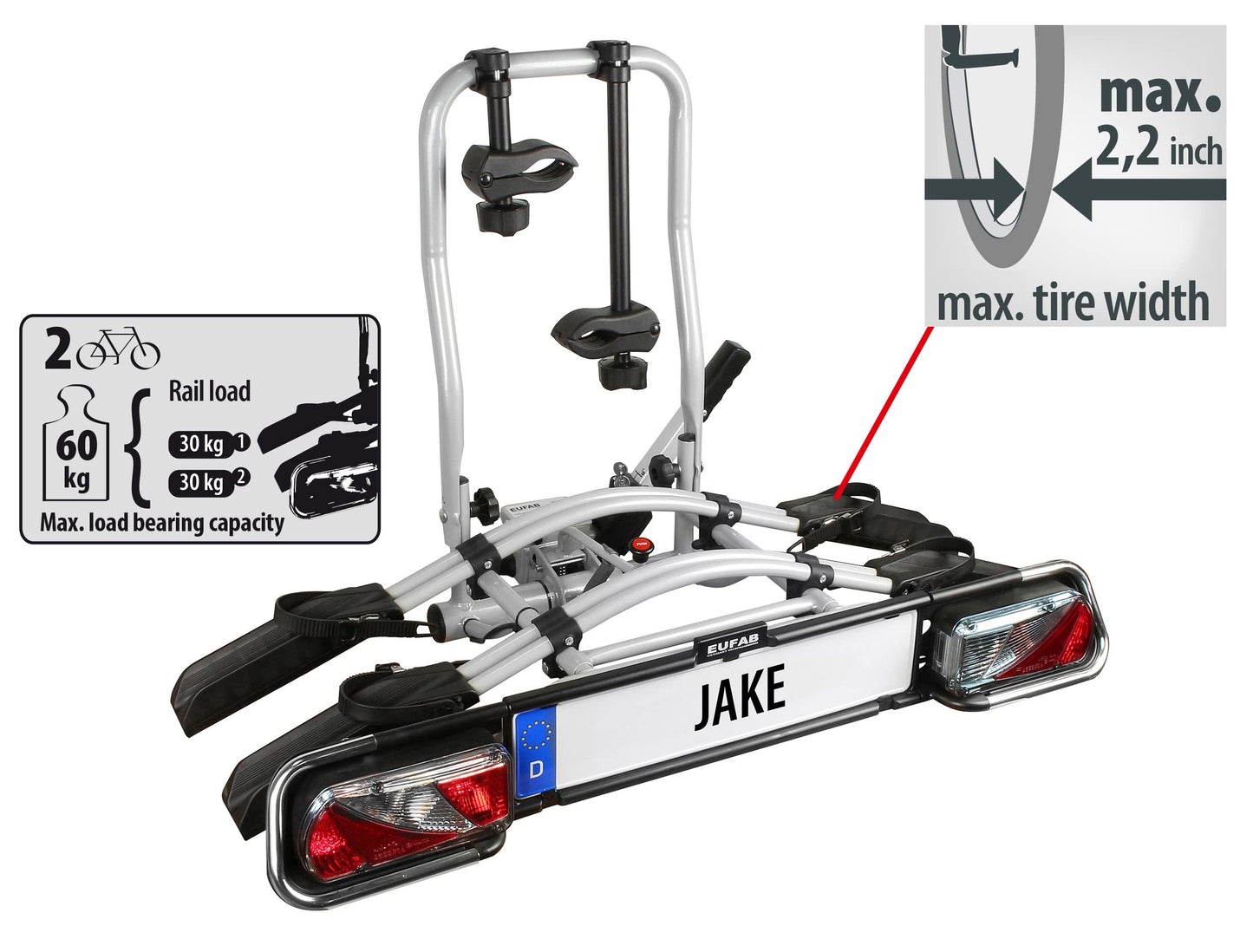 EUFAB 11510 bicycle carrier JAKE, suitable for e-bikes, partially pre-assembled, expandable, anti-theft protection, for 2 bicycles, for trailer hitch