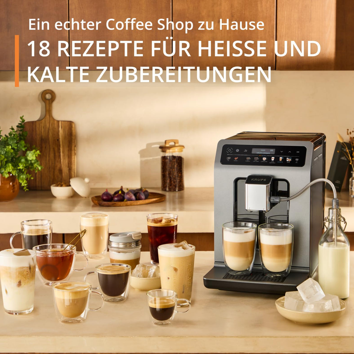 Krups Evidence Hot & Cold Coffee Machine, 18 beverage specialties, hot and cold drinks, One-Touch Cappuccino, milk system, automatic cleaning cycle, quick heating time, EA898GF0