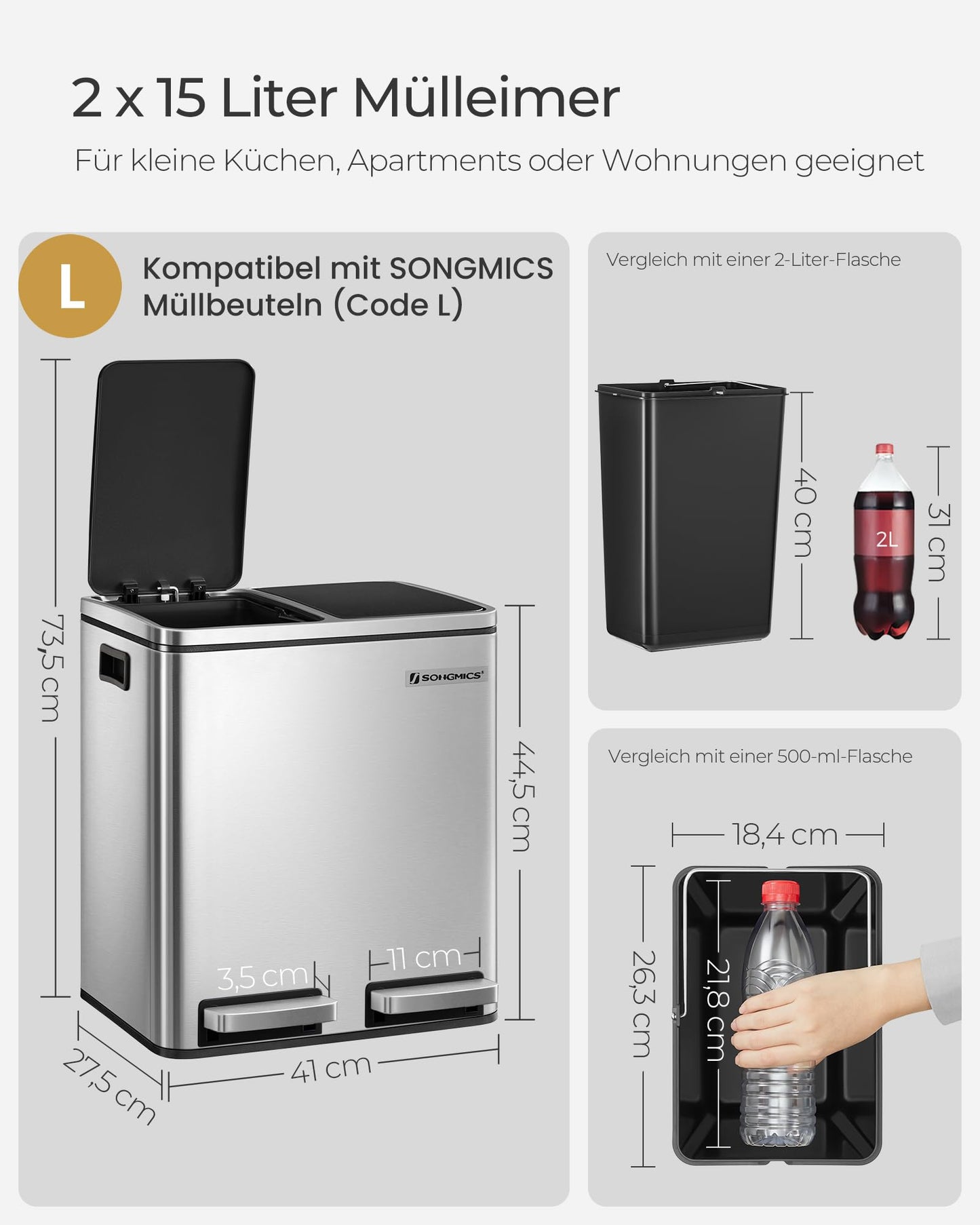 SONGMICS kitchen trash can, 2 x 15 liters, waste separation system 2 compartments, including 15 trash bags, trash can, pedal bin, recyclable waste, organic waste, soft close lid, metallic silver-ink black LTB30H