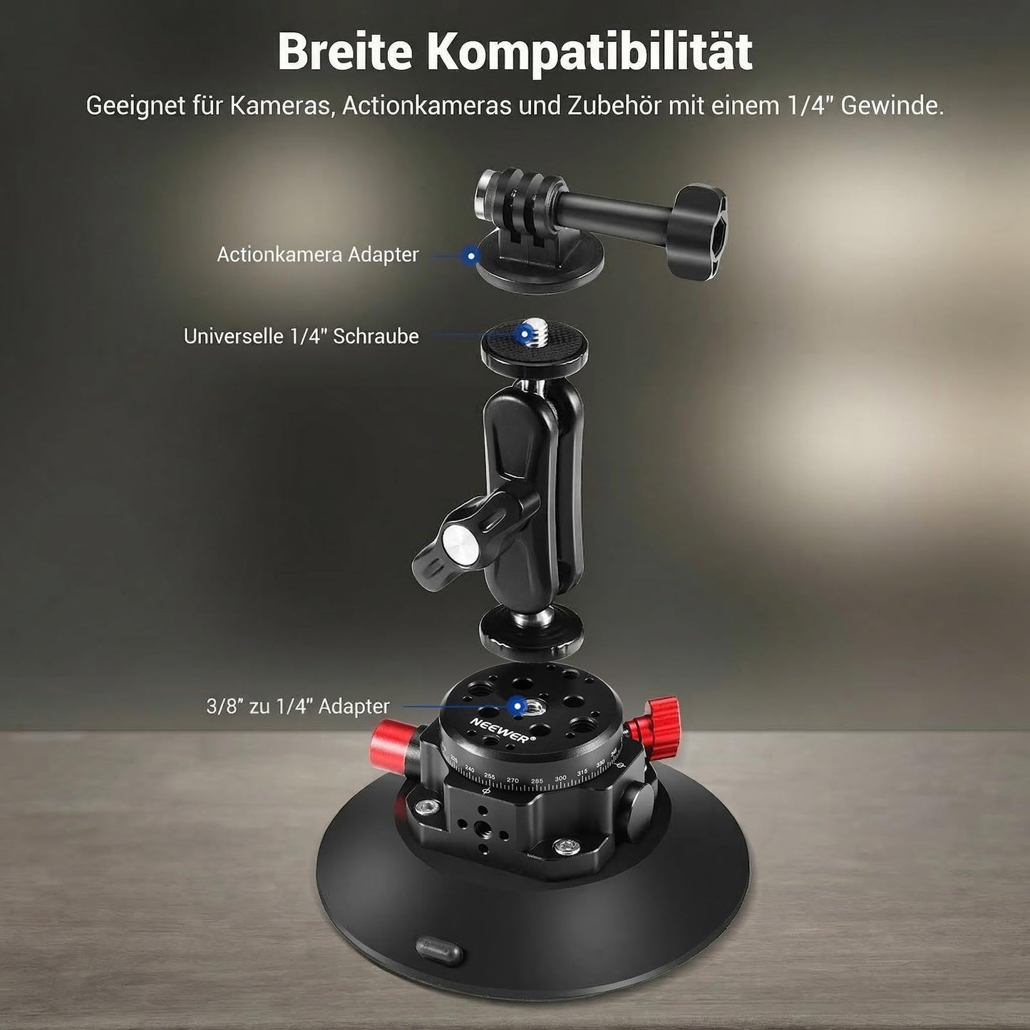 NEEWER 6"/15.2cm camera suction cup mount with ball head magic arm, metal suction cup mount on the car windshield for action camera/mobile phone holder, with 1/4" & 3/8" mounting holes for ARRI - 1x