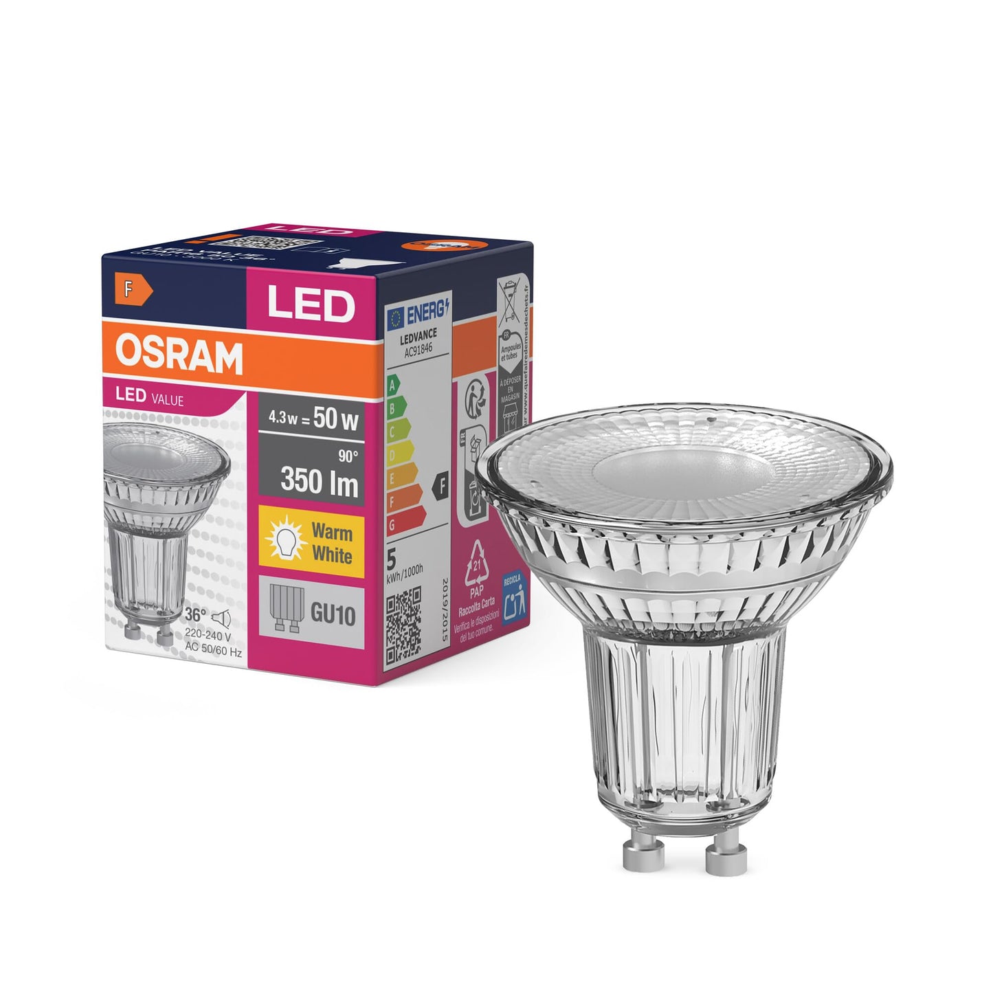 Osram LED Star Value PAR16 LED lamp for GU10 base, reflector lamp, GL, 350 lumens, warm white (3000K), replacement for conventional 50W light bulbs, not dimmable, pack of 10 - 4058075096639