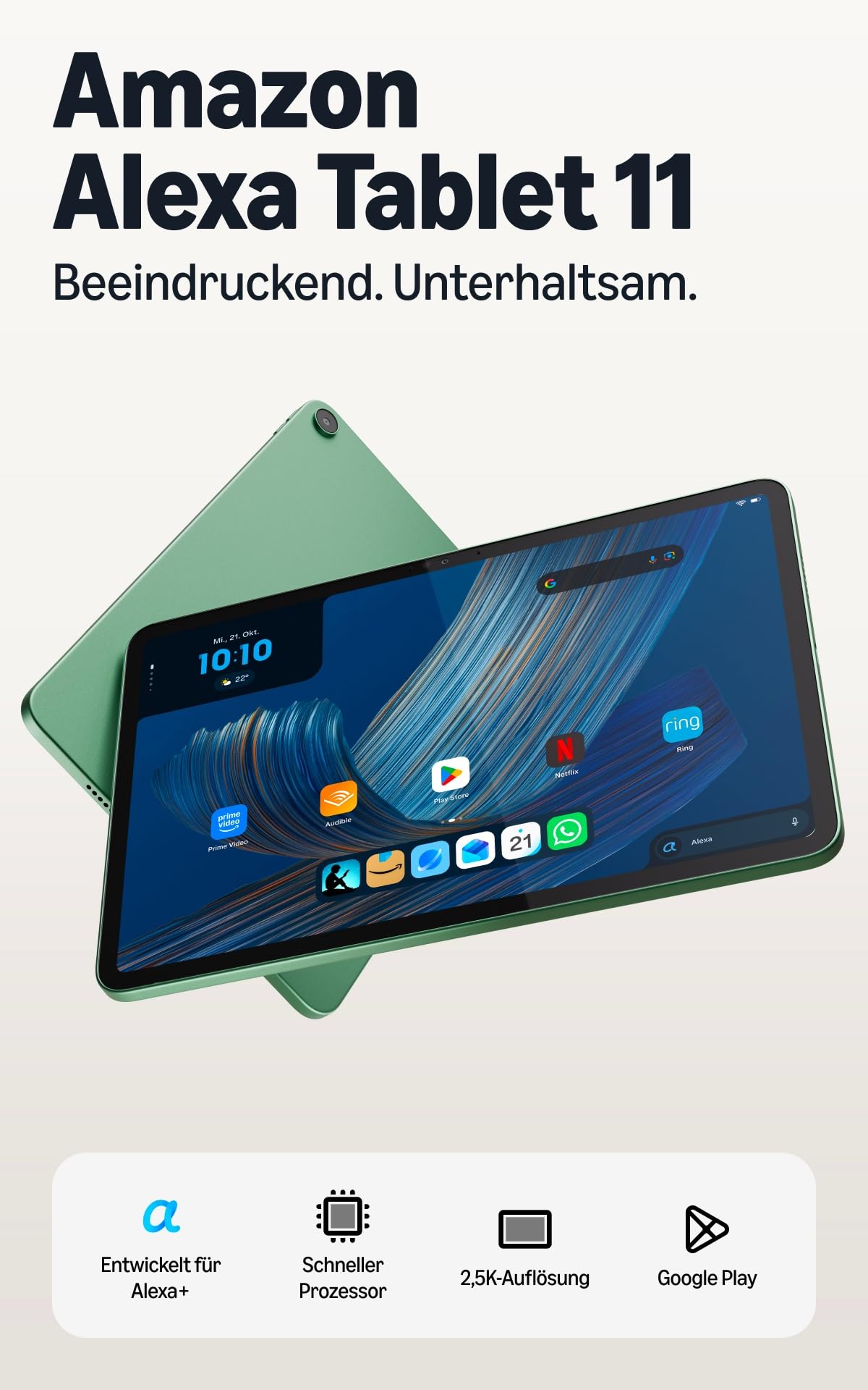 The new Amazon Alexa Tablet 11, 8 GB RAM, 128 GB, brilliant 11-inch display with 2.5K, all-day battery, with Google Play, designed for Alexa+, Matcha Green - TR24E7