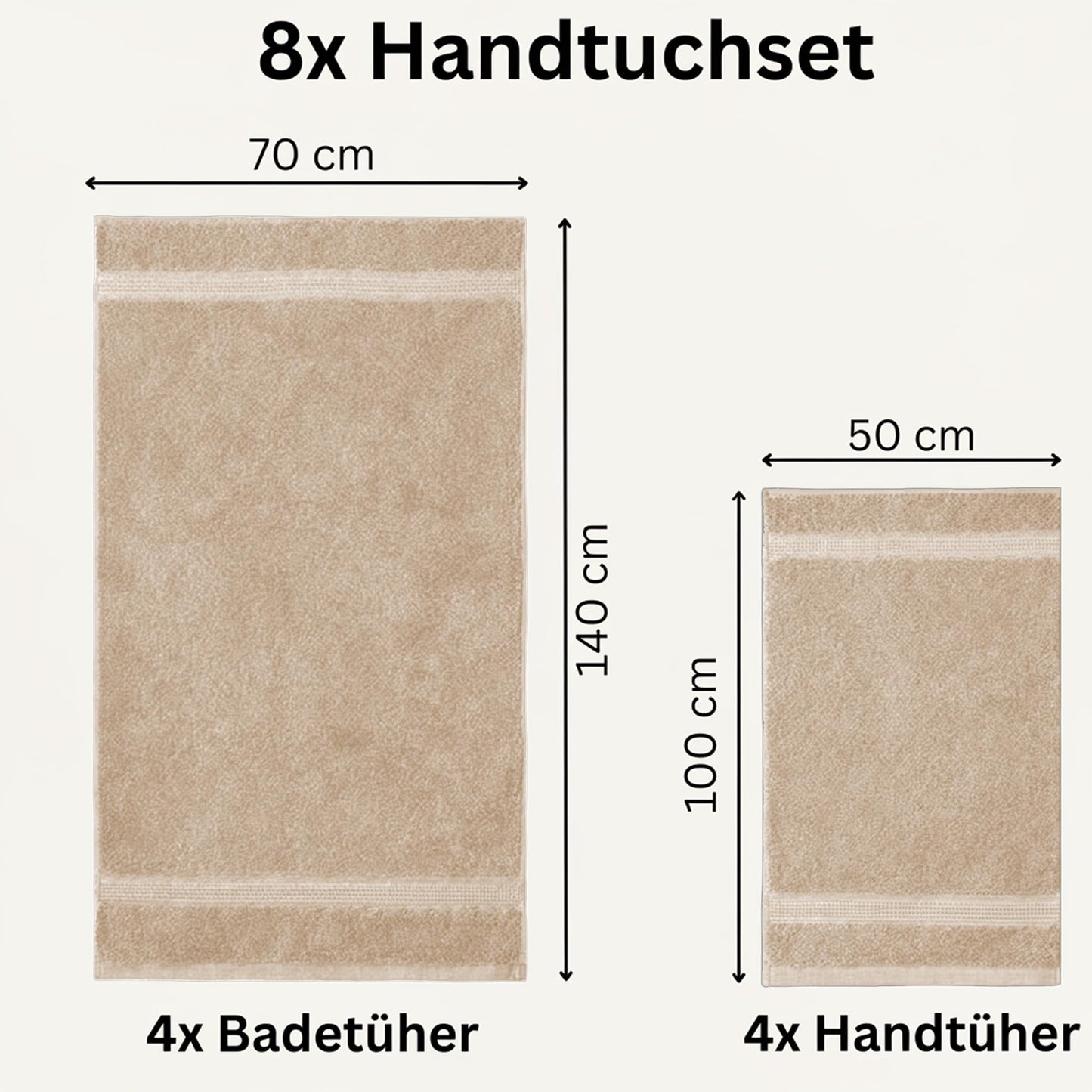 Komfortec set of 8 towels, 4 bath towels 70x140 cm & 4 hand towels 50x100 cm, 100% cotton terry cloth, fluffy and absorbent, sand/beige - 4er-50x100-und-4er-70x140-beige-amz
