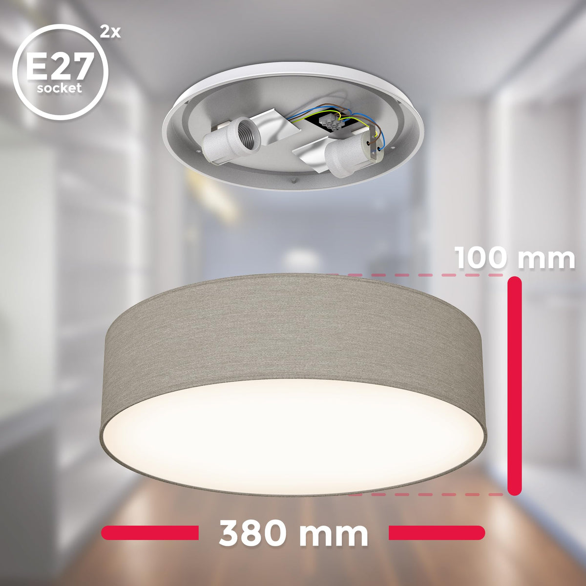 B.K.Licht - Ceiling lamp with fabric lampshade, E27 socket, max. 40 watts, ceiling light, lamp, living room lamp, bedroom lamp, kitchen lamp, ceiling lighting, 38x10 cm, taupe - BKL1221