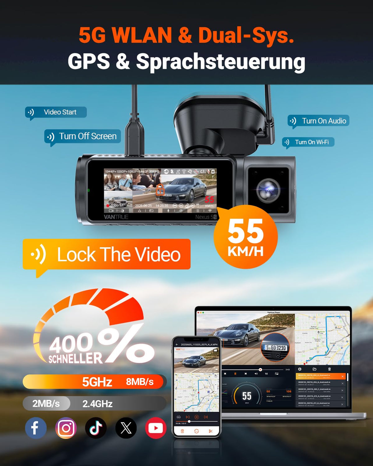 VANTRUE N5S Dashcam Auto STARVIS 2, 2.7K+1080P*2+1440P Față Interior Spate