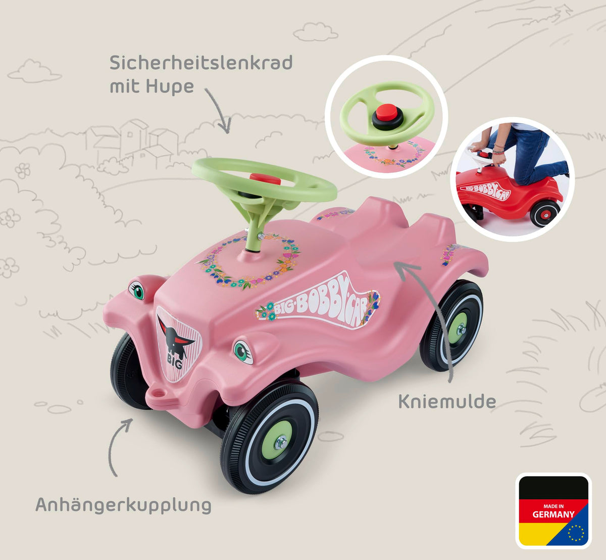 BIG-Bobby-Car Classic Flower - Vehicul pentru copii cu autocolante cu flori pentru băieți și fete, suportă până la 50 kg, vehicul de alunecare pentru copii de la 1 an, roz pastelat, verde - 800056110