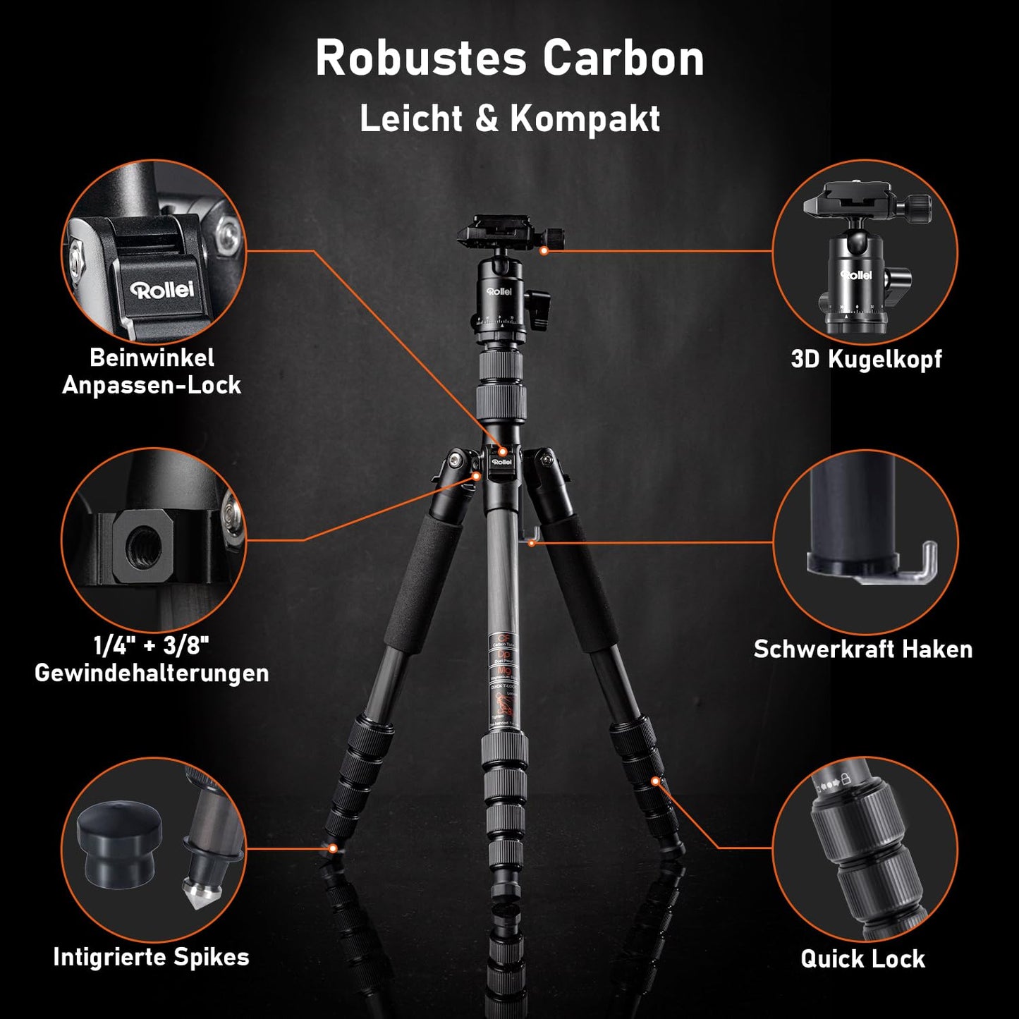 Rollei Compact Traveler No.1 Carbon Black, 145cm camera tripod Lightweight travel tripod with ball head Arca Swiss compatible Compact photo tripod with monopod function for DSLR & smartphone Pack size 34cm - 22578