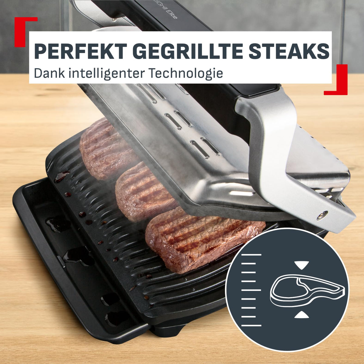 Tefal OptiGrill Elite Grill de contact, 12 programe de grătar electrice automate, display digital cu indicator de nivel de gătire, plăci detașabile, grătar electric, oțel inoxidabil, GC750D16