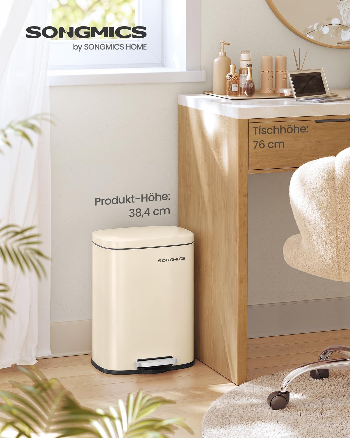SONGMICS Trash Can, Pedal Trash Can Made of Steel, Trash Can with Lid and Inner Bucket, 12 L, 38.4 x 28.6 x 25.2 cm, Small Cosmetic Bin for Bathroom, Beige, PLUSHIC Collection LTB112LZ02