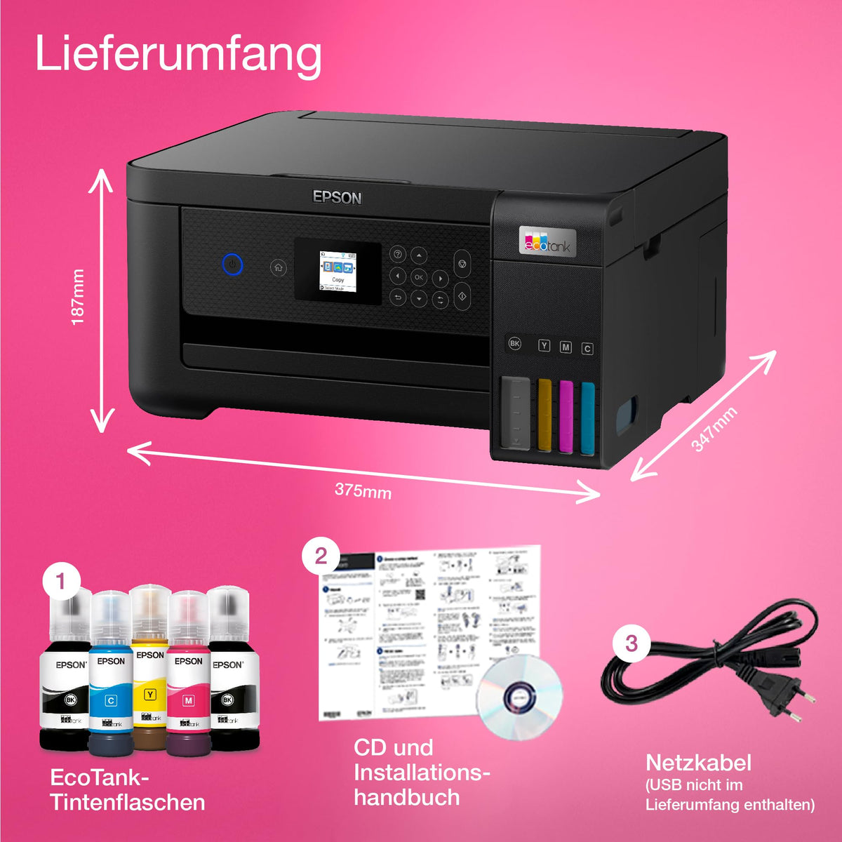 Epson EcoTank ET-2850 A4 Multifunction Wi-Fi Ink Tank Printer, with an included supply of ink for up to 3 years. - C11CJ63405