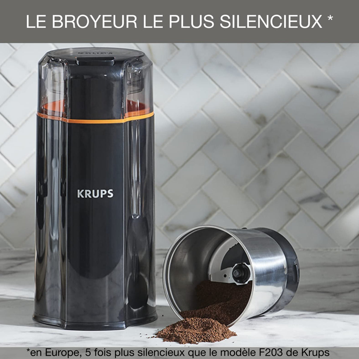 Krups GX3328 Silent Vortex Moară electrică pentru cafea și condimente | 3 în 1 mecanism de măcinare pentru boabe de cafea, condimente, ierburi | super silențioasă | lavabilă în mașina de spălat vase | bol de măcinare detașabil + capac | Negru