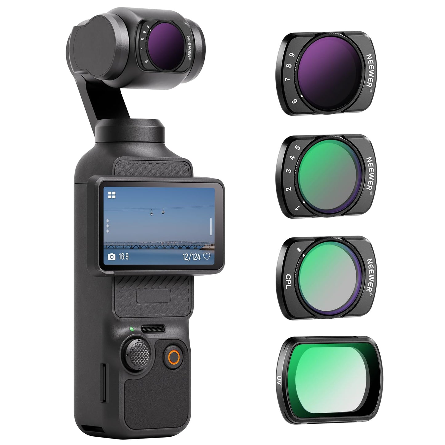 NEEWER Filter Set Compatible with DJI Osmo Pocket 3 / Pocket 4 / Xtra Muse, Pack of 4 Magnetic ND Filter Accessory Set for Action Cameras (UV + CPL + Variable ND2-32 + ND64-512) - FL-P9