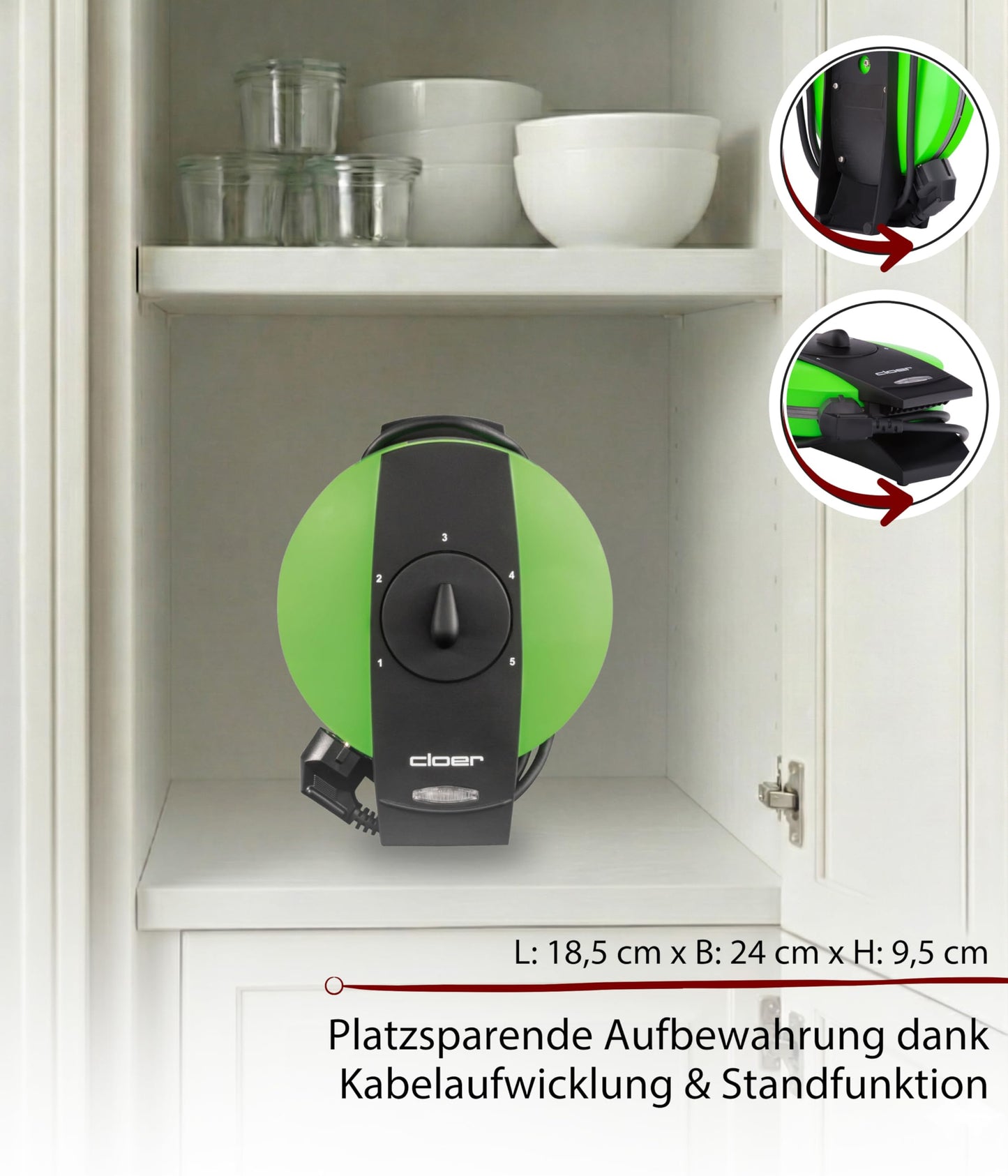 Cloer 1627-14 waffle iron for classic heart waffles, 930 W, waffle size 15.5 cm, continuously selectable browning level, green