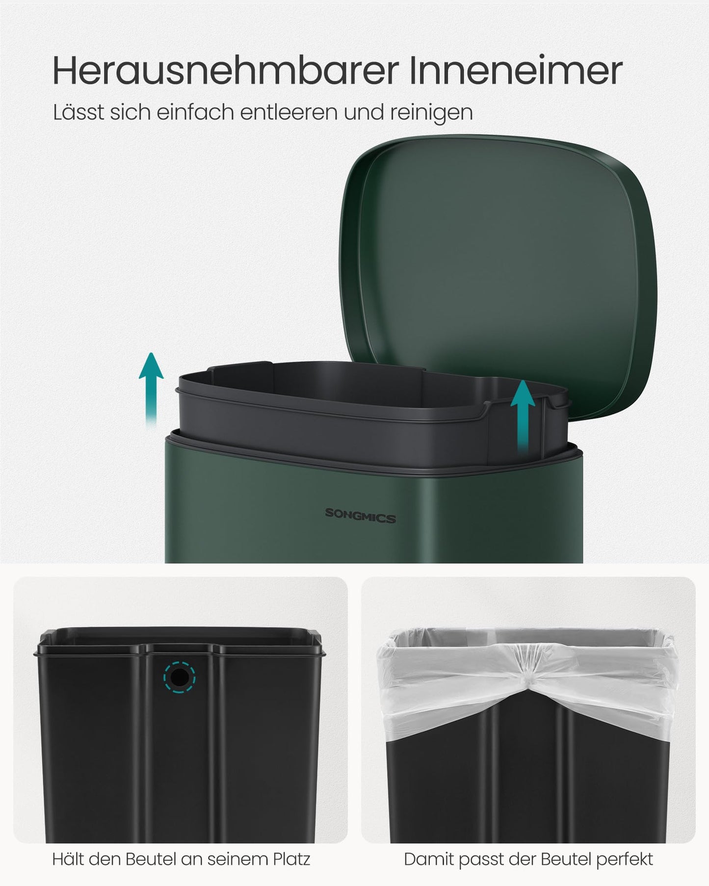 SONGMICS kitchen rubbish bin, 50 liters, waste bin, pedal bin, with lid, soft close, foot pedal, steel, inner bin, vintage green LTB050C02