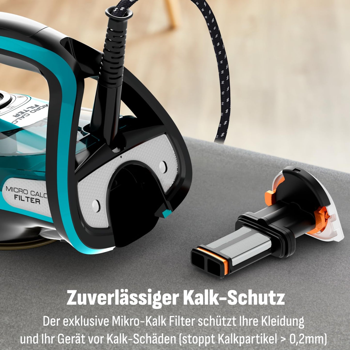 Tefal Ultimate Pure steam iron, 3200 W, 1.2 kg, Micro-Calc filter, Durilium Airglide Autoclean soleplate, automatic switch-off, 0.35 liter water tank, Made in France, black/turquoise, FV9844