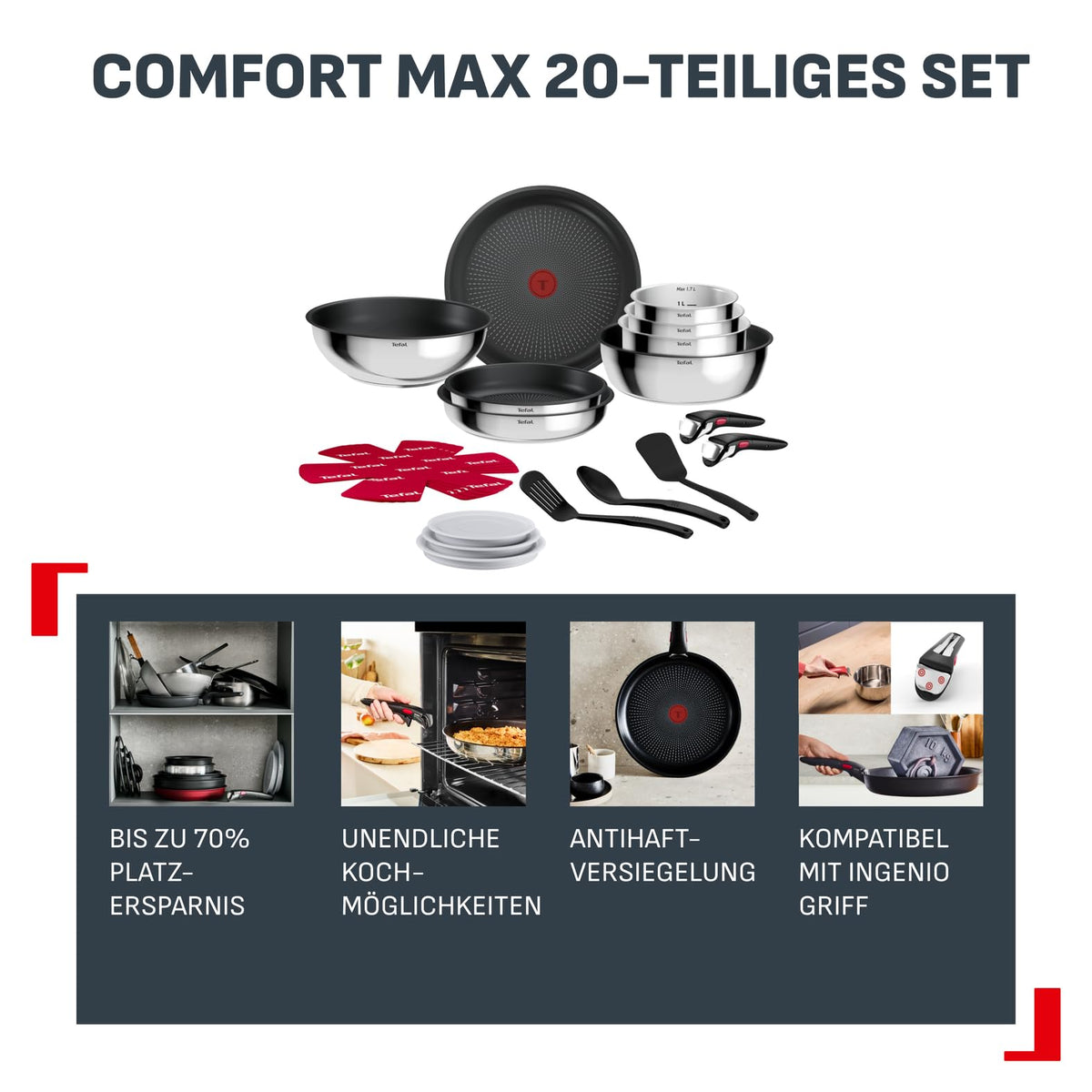 Set de vase de gătit Tefal Ingenio Comfort Max 20 piese, stivuibil, economisind spațiu - L966SK44