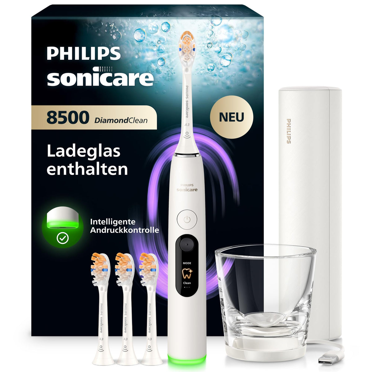 Philips Sonicare Next-Generation DiamondClean 8500 electric toothbrush - featuring smart pressure control and 18 settings, Powder White, HX8515/11