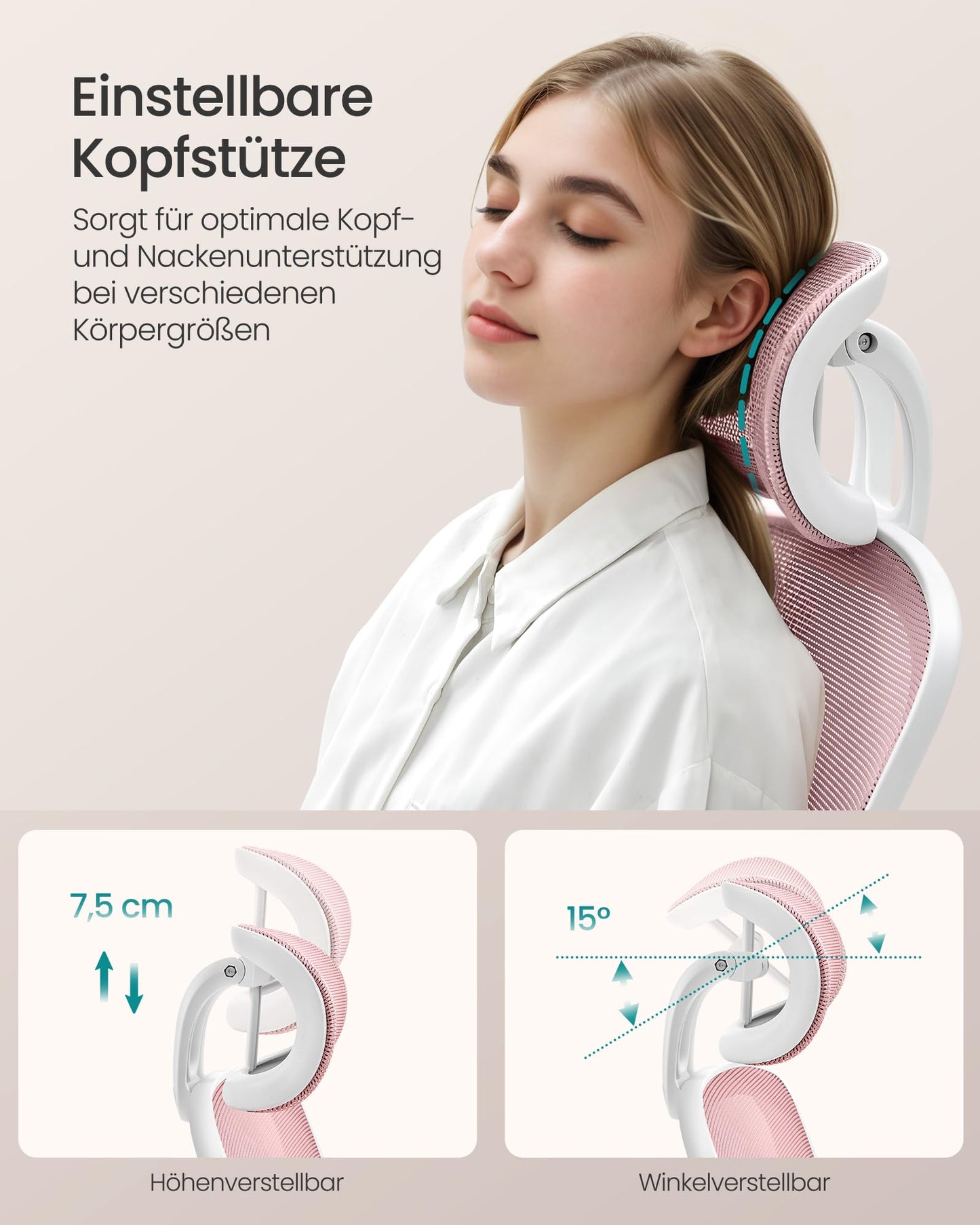SONGMICS Ergonomic Office Chair, Swivel Chair with Mesh, Lumbar and Headrest, Rocker Function, 53cm Seat, Folding Armrests, Study and Bedroom, Students, Pastel Pink OBN047R01