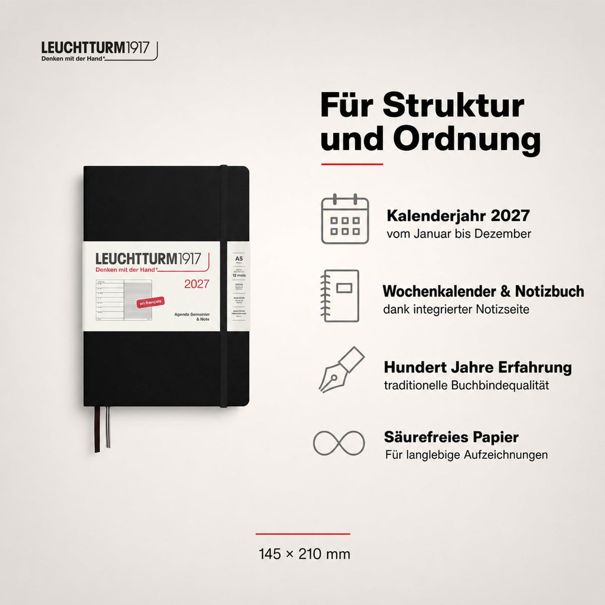 LEUCHTTURM1917 weekly calendar 2027 medium (A5) with notebook, lined - French appointment planner, black, hardcover, January-December 2027, weekly overview on the left + note page on the right - 400376