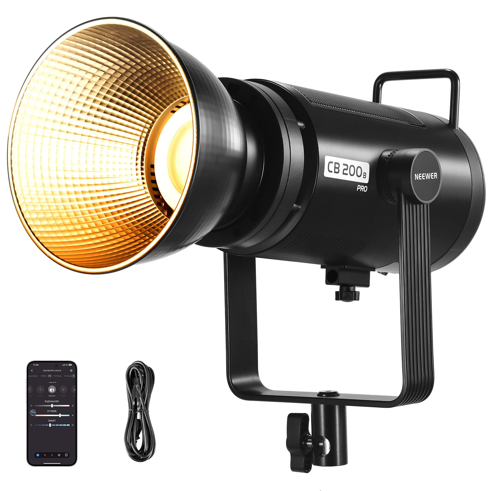 NEEWER 210W COB LED video light with 2.4 G/APP control, 2700K-6500K two-color continuous light power for studio photography with Bowens mount, 90000Lux/1m, CRI/TLCI97+, GM ±50, CB200B PRO