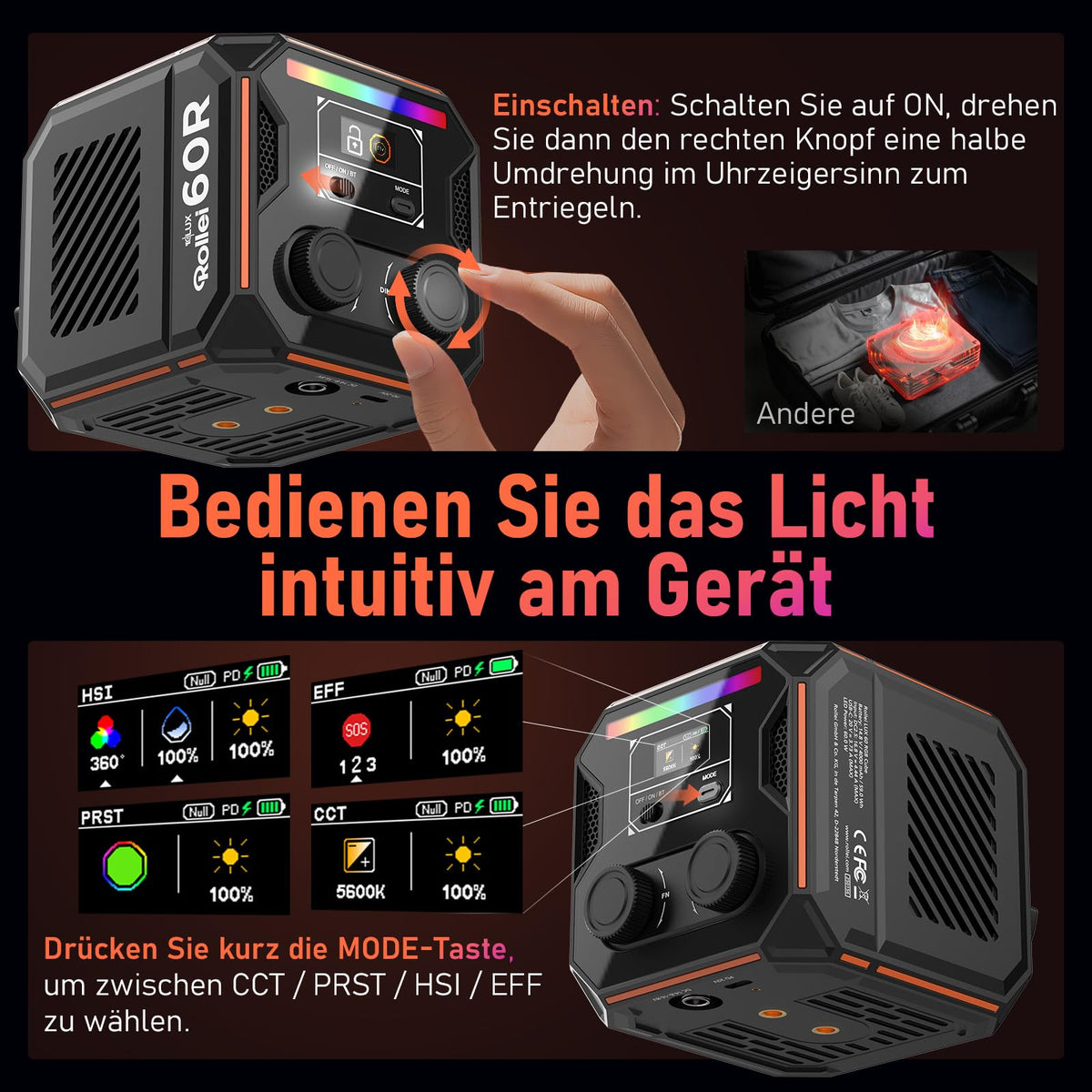 Rollei LUX 60 RGB LED video light with built-in battery DC/Type C charging - 28448