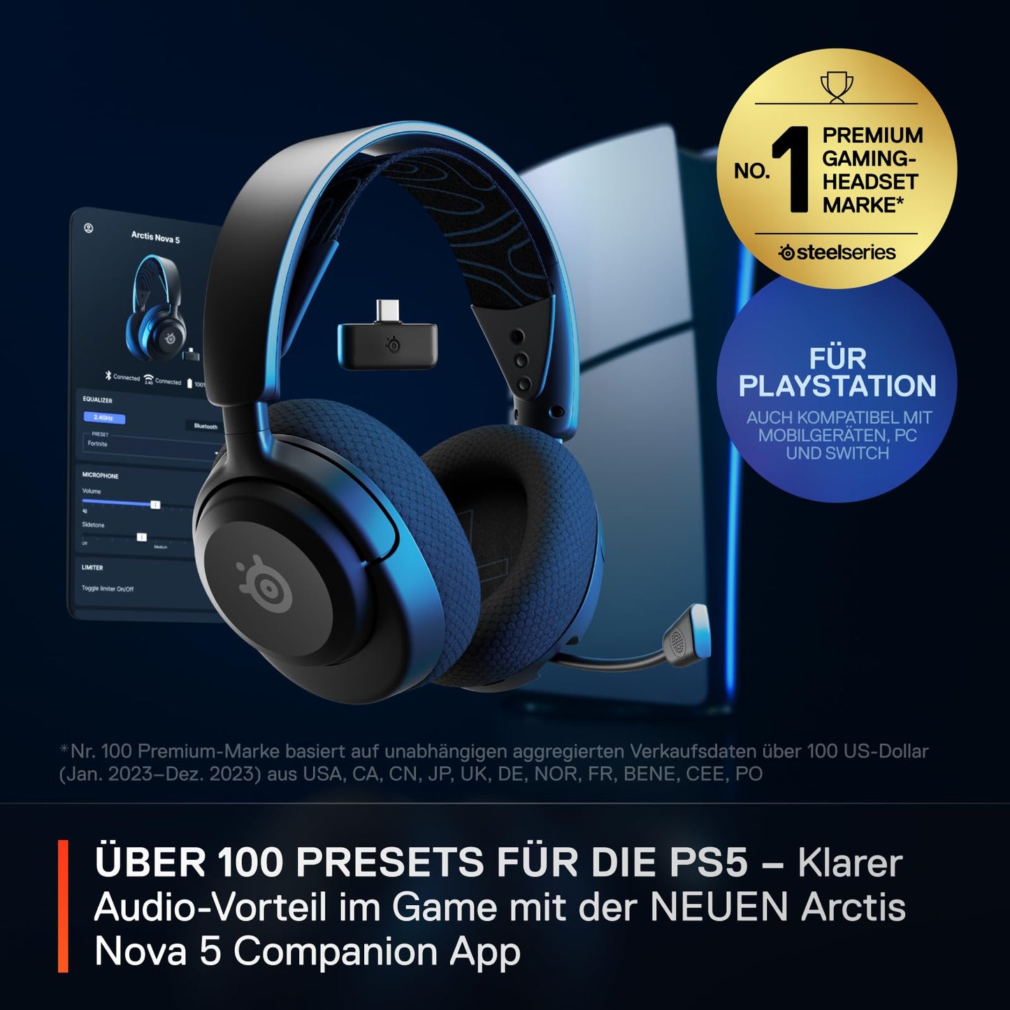 SteelSeries Arctis Nova 5P Wireless PS5 Gaming Headset - For PS5, PC, Mobile Phone - Magnetic Neodymium Drivers - 100+ Audio Presets - 60 Hours Battery Life - 2.4 GHz or BT-ClearCast Gen2.X Mic - 61673