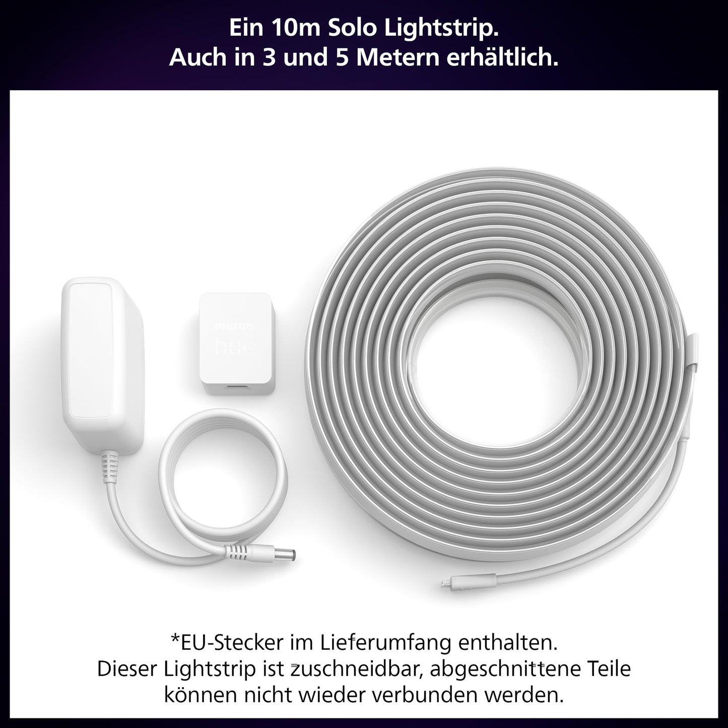 Philips Hue Indoor 10m Smart LED Solo Lightstrip basic set, pack of 1, indirect lighting can be controlled with the Hue app, LED strip works with Alexa, Google Assistant and Apple HomeKit - 8720169326750