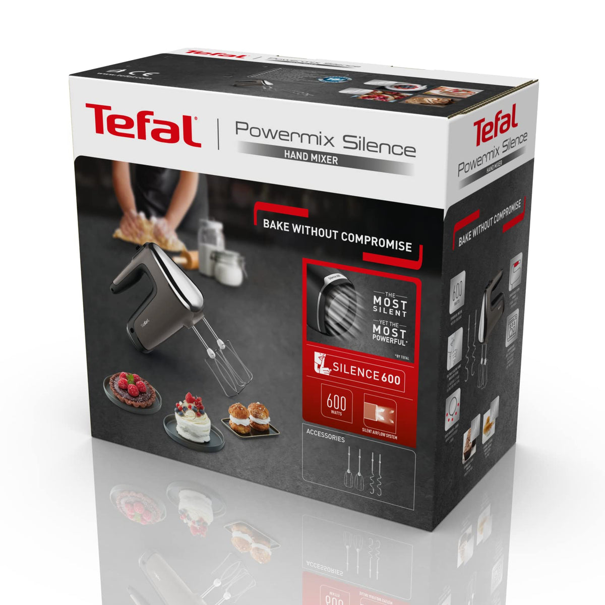 Tefal Power Mix Silence Mixer de mână, 600 Watt, regulator de viteză variabil, funcție Turbo și de ejectare, motor extrem de silențios, aparat de amestecat inclusiv 2 teluri și 2 cârlige de frământat, gri, HT650E38