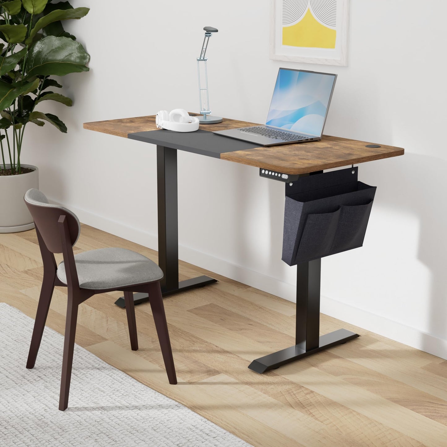 SONGMICS Electric height-adjustable desk, 140 x 60 cm, infinitely adjustable, memory function with 4 heights, vintage brown-ink black LSD016X01